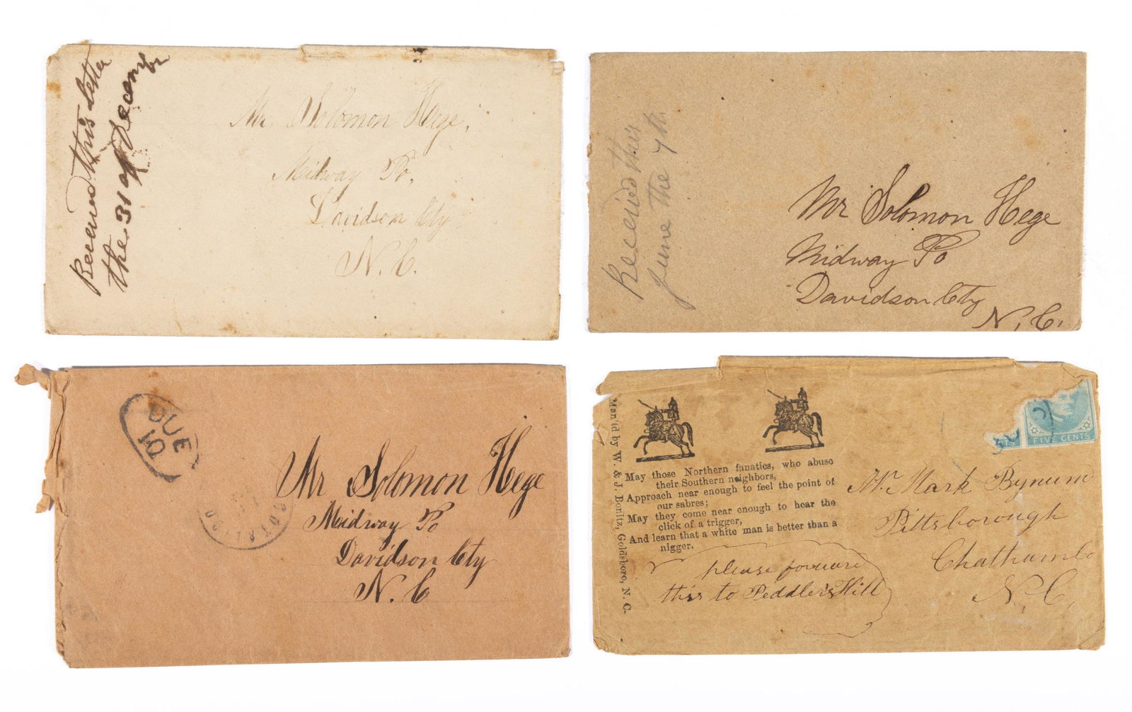 CIVIL WAR CONFEDERATE NORTH CAROLINA POSTAL COVERS WITH STAMPS, LOT OF FOUR, (1 of 2)