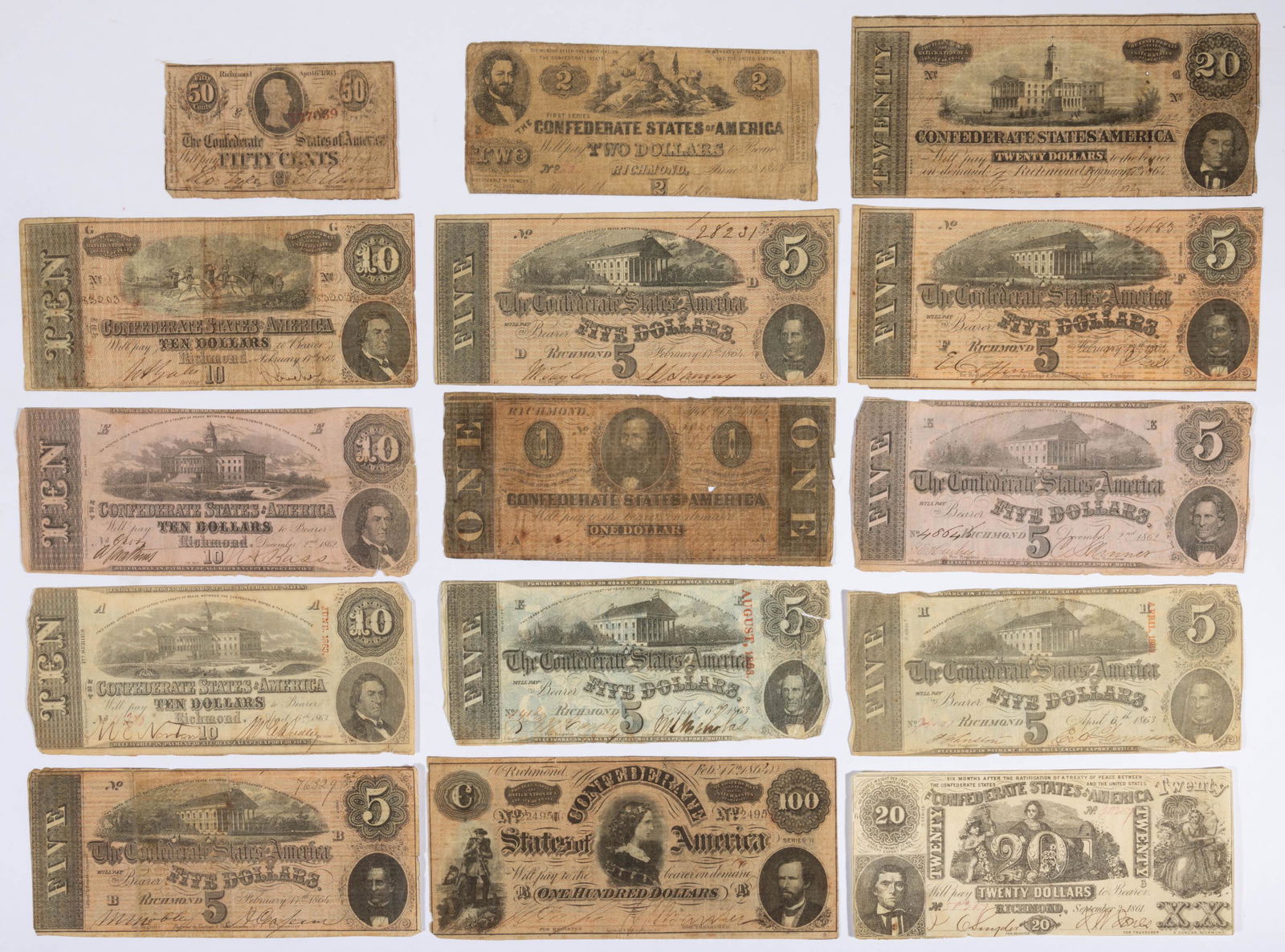 ASSORTED CONFEDERATE CIVIL WAR CURRENCY / NOTES, LOT OF 15, (1 of 2)