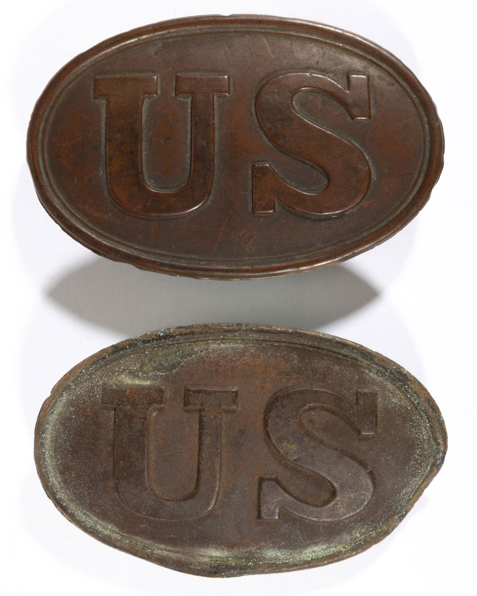 CIVIL WAR UNION REGULATION 1839 PATTERN CARTRIDGE BOX PLATES, LOT OF TWO, (1 of 2)