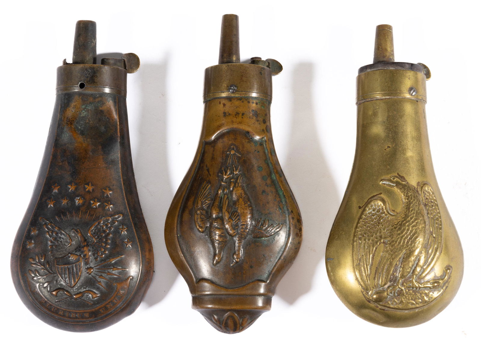 ASSORTED EMBOSSED BRASS / COPPER POWDER FLASKS, LOT OF THREE, (1 of 2)