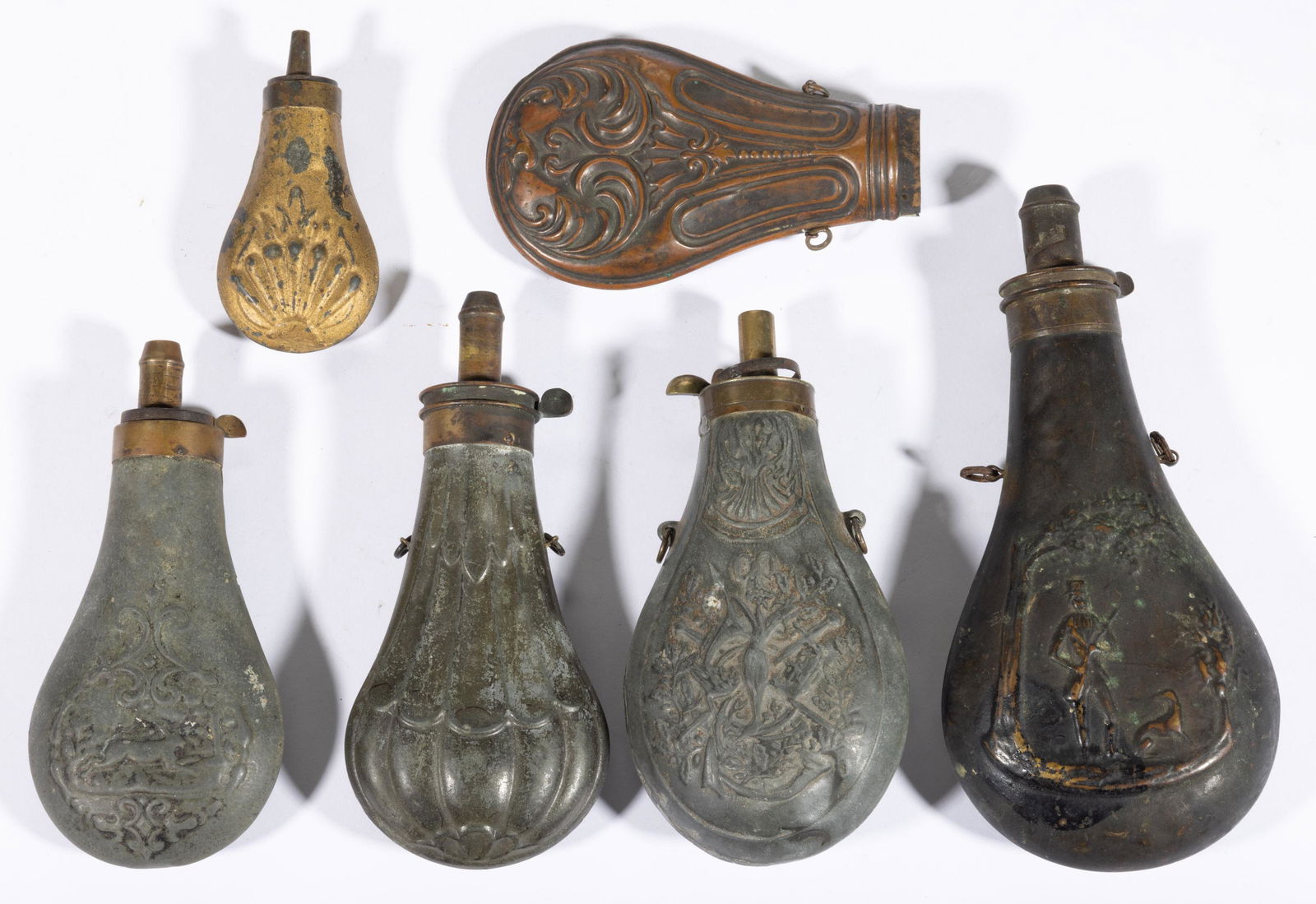 ASSORTED EMBOSSED METALS POWDER FLASKS, LOT OF SIX, (1 of 2)