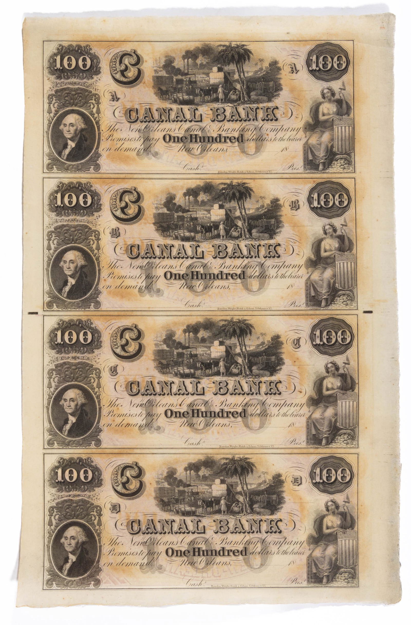 NEW ORLEANS CANAL BANK UNCUT SHEET $100 OBSOLETE CURRENCY / NOTES, (1 of 2)