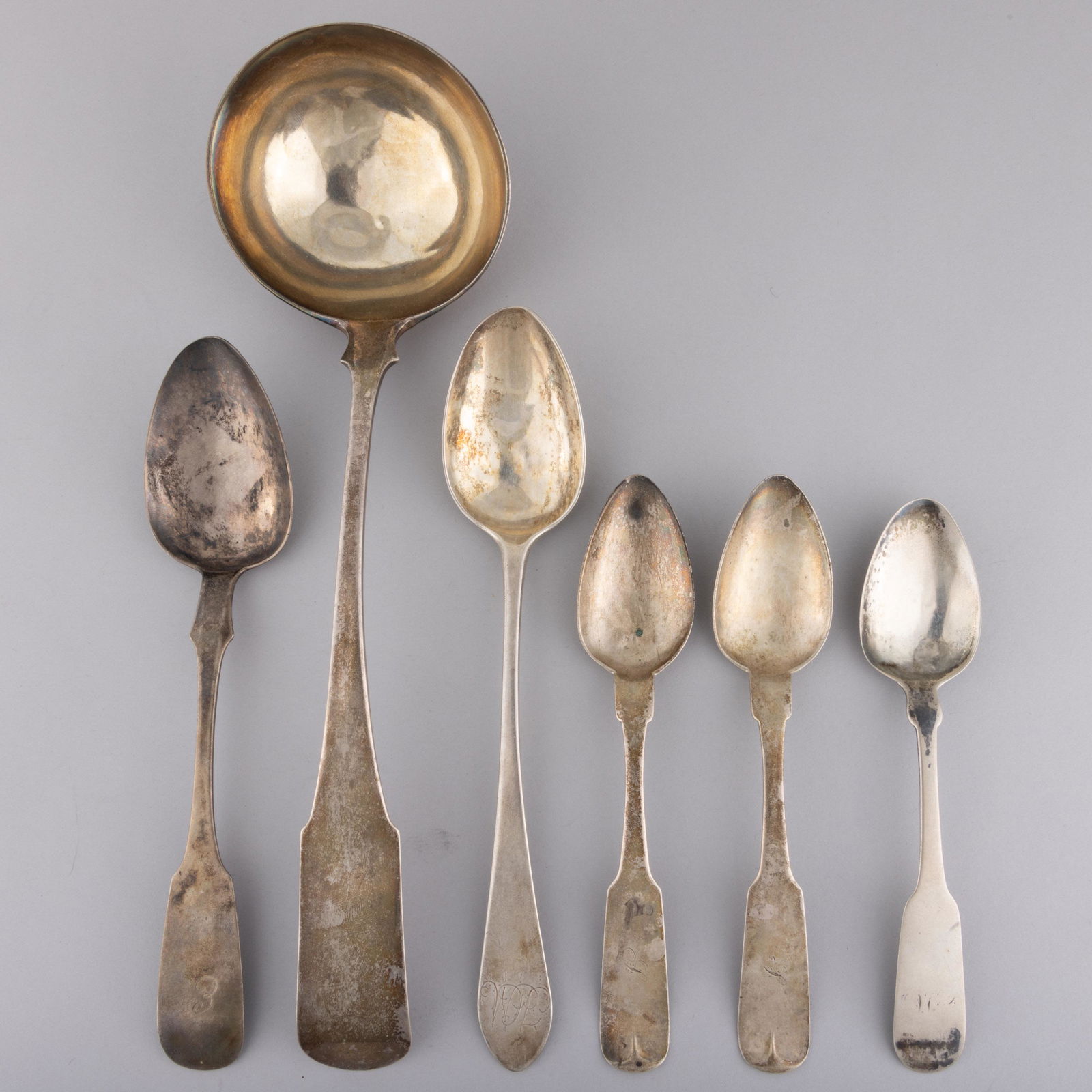 VIRGINIA AND GEORGETOWN, DC COIN SILVER LADLE AND SPOONS, LOT OF SIX, (1 of 2)