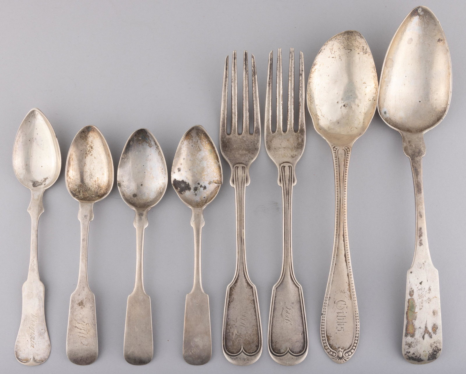 GEORGIA AND OTHER COIN SILVER FLATWARE, LOT OF EIGHT, (1 of 2)