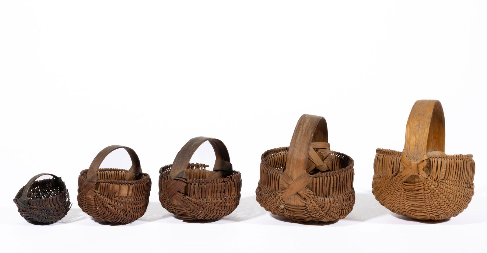 SOUTHERN APPALACHIAN RIB-TYPE WOVEN-SPLINT DIMINUTIVE / MINIATURE BASKETS, LOT OF FIVE, (1 of 4)