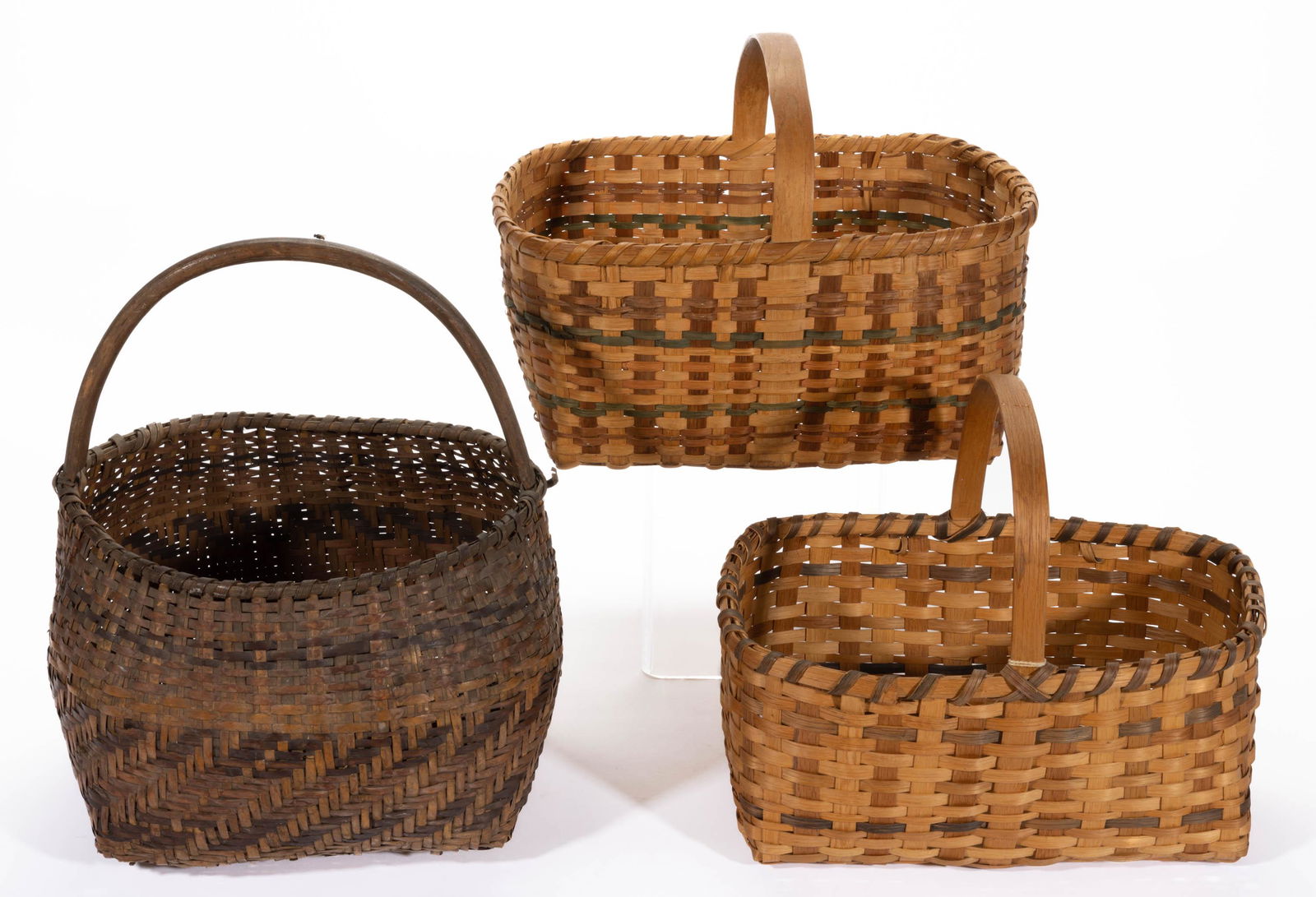 NATIVE AMERICAN CHEROKEE DECORATED WOVEN-SPLINT BASKETS, LOT OF THREE, (1 of 8)