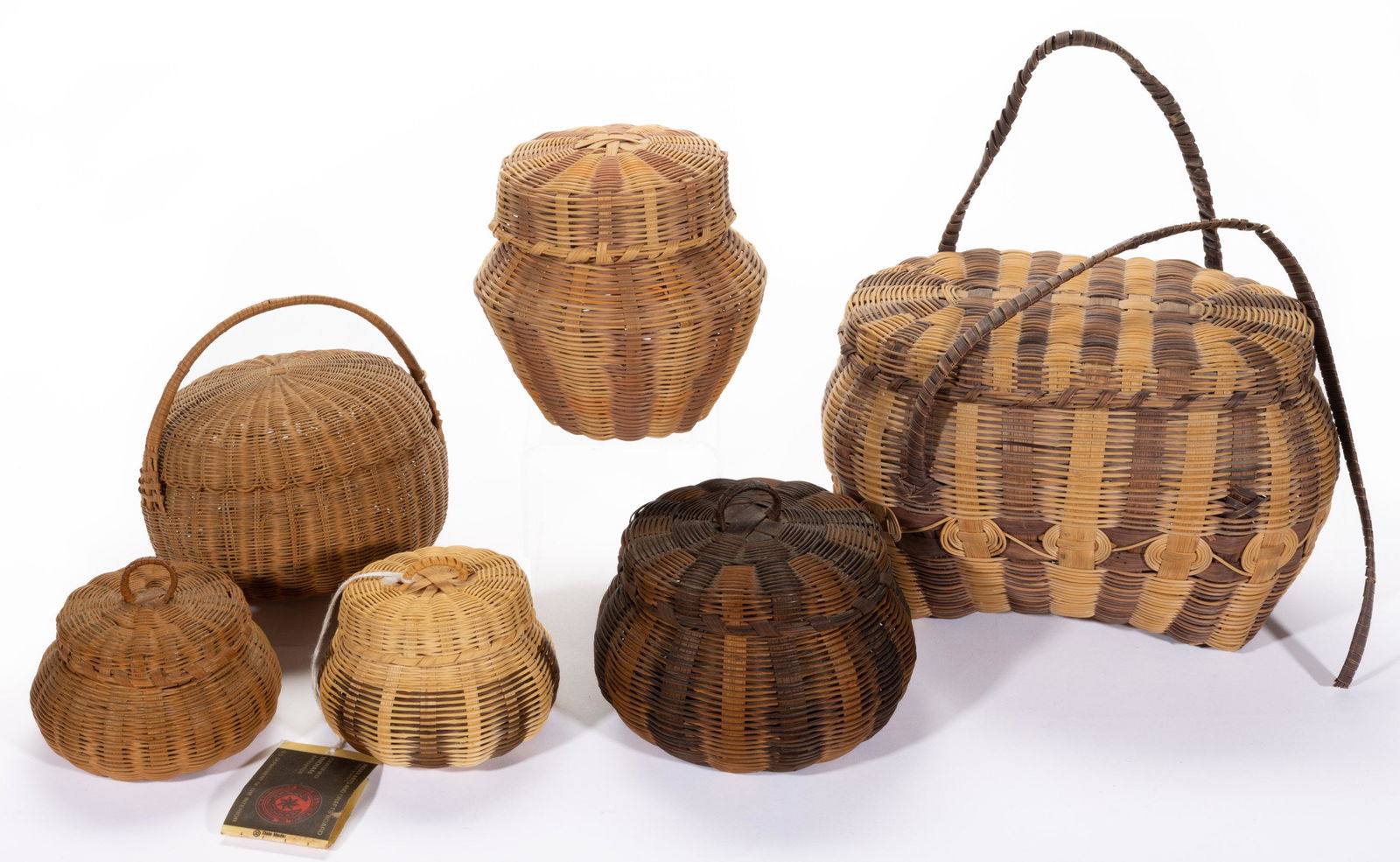 NATIVE AMERICAN CHEROKEE DECORATED HONEYSUCKLE COVERED BASKETS, LOT OF SIX, (1 of 4)