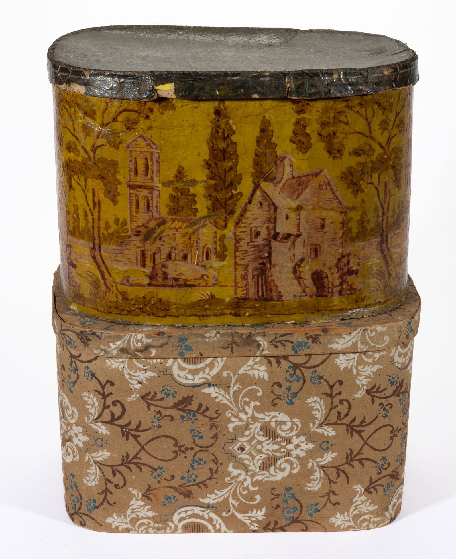 AMERICAN WALLPAPER-COVERED HAT BOXES, LOT OF TWO, (1 of 6)