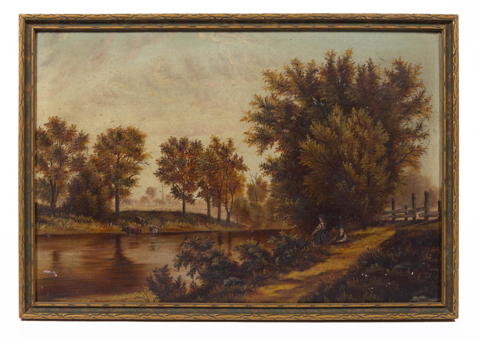 AMERICAN SCHOOL (19TH CENTURY) FOLK ART LANDSCAPE WITH FIGURES,: oil on board, depicting children at a river's edge, cattle and village with church steeple in the distance, period pencil notations verso, as well as a later inscription, which reads, in part, "bought