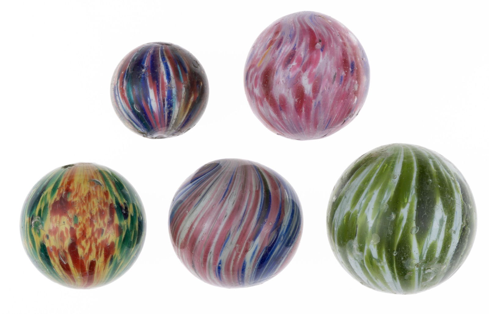 ANTIQUE ONIONSKIN MARBLES, LOT OF FIVE, (1 of 6)