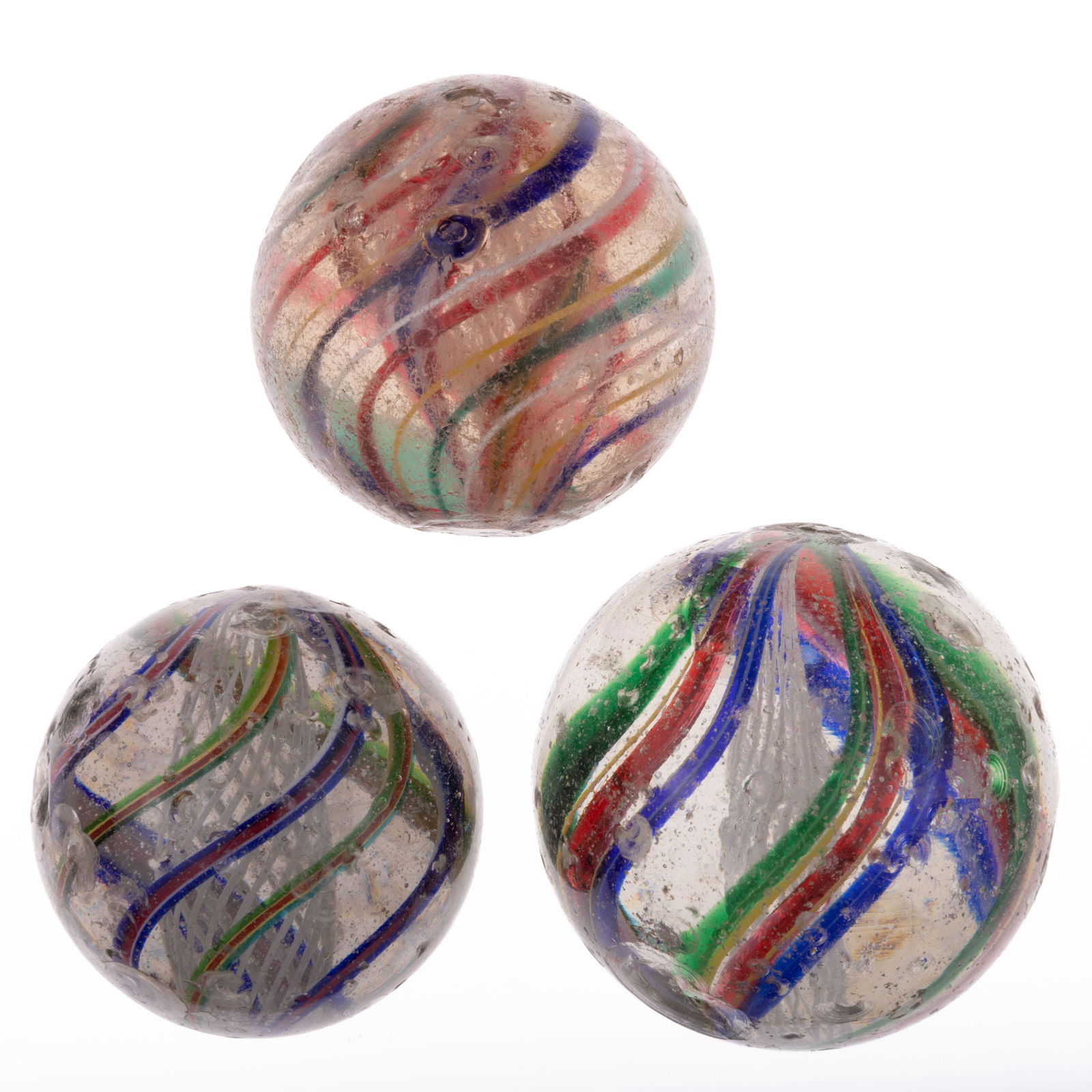 ANTIQUE TRANSPARENT SWIRL LARGE MARBLES, LOT OF THREE, (1 of 6)