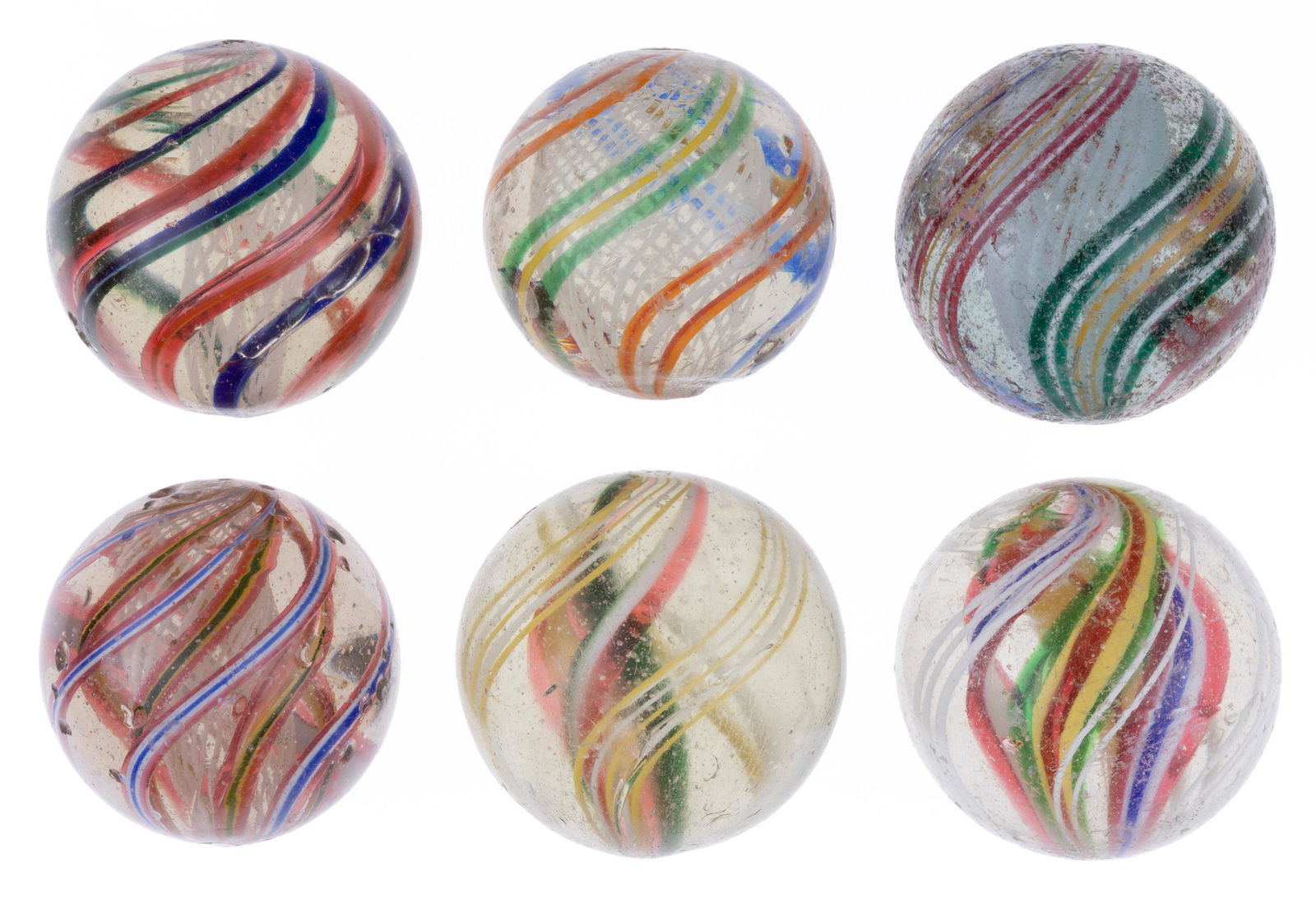 ANTIQUE TRANSPARENT SWIRL MARBLES, LOT OF SIX, (1 of 6)
