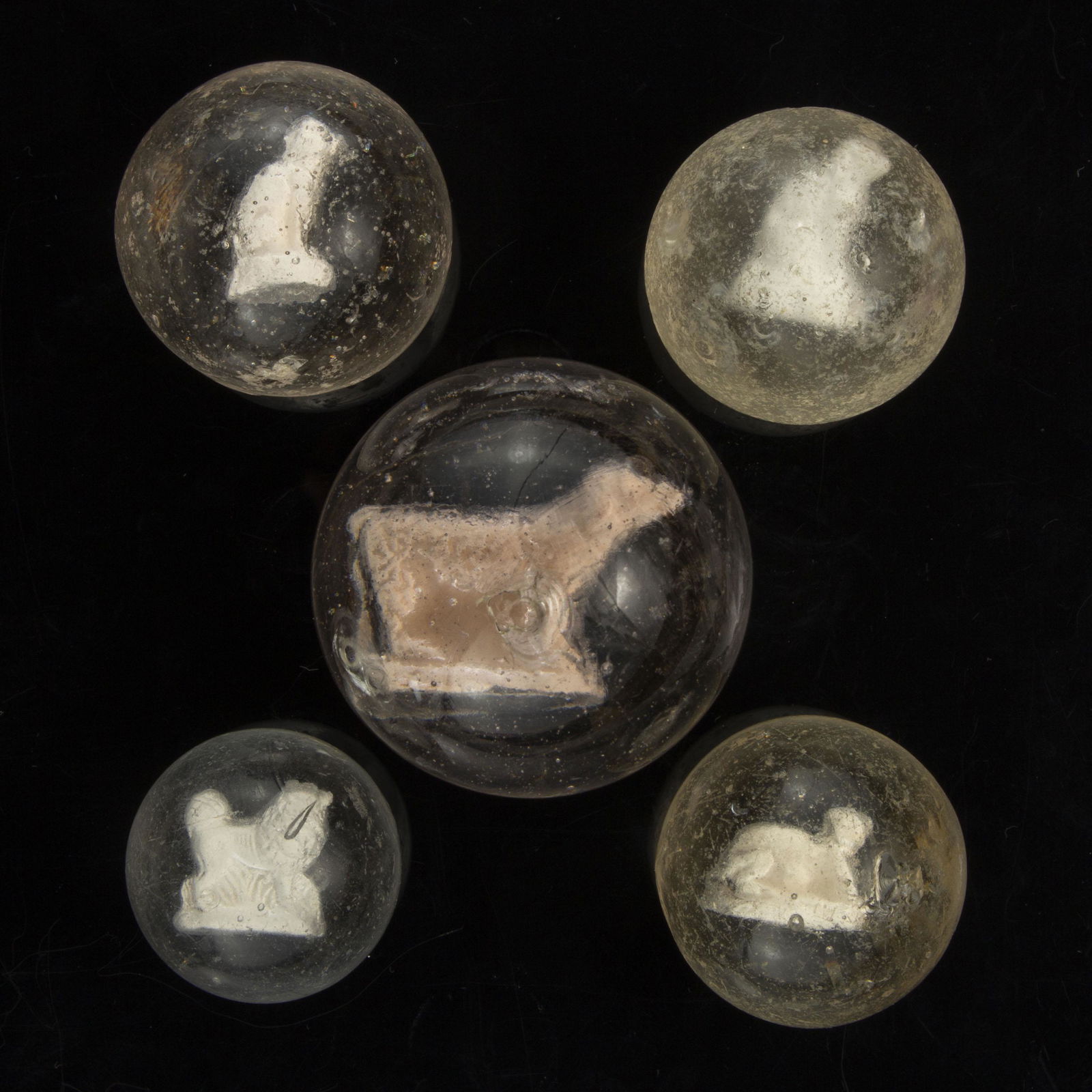 ASSORTED ANIMAL SULPHIDE MARBLES, LOT OF FIVE, (1 of 2)