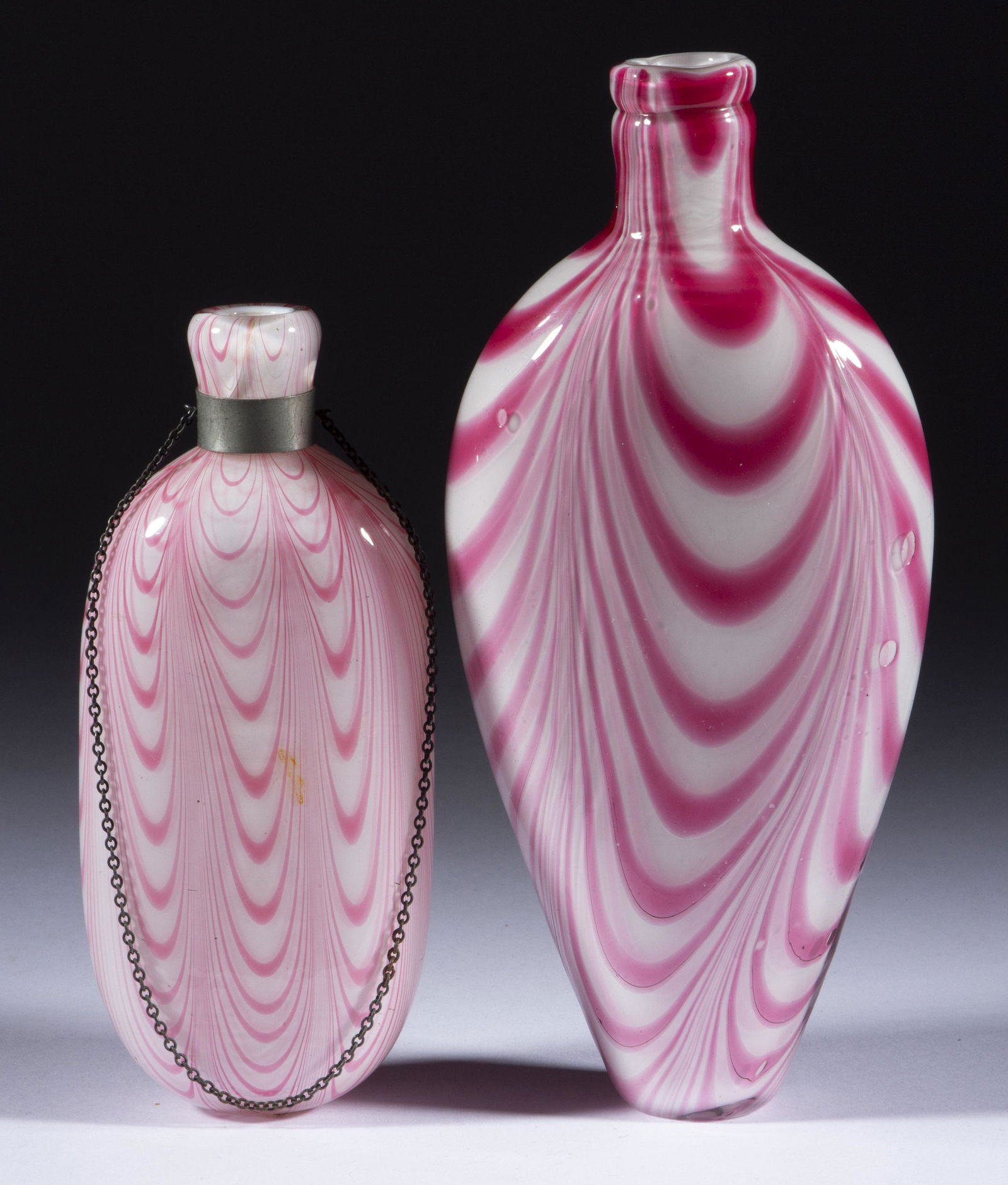 FREE-BLOWN MARBRIE-LOOP DECORATED FLASKS, LOT OF TWO, (1 of 5)