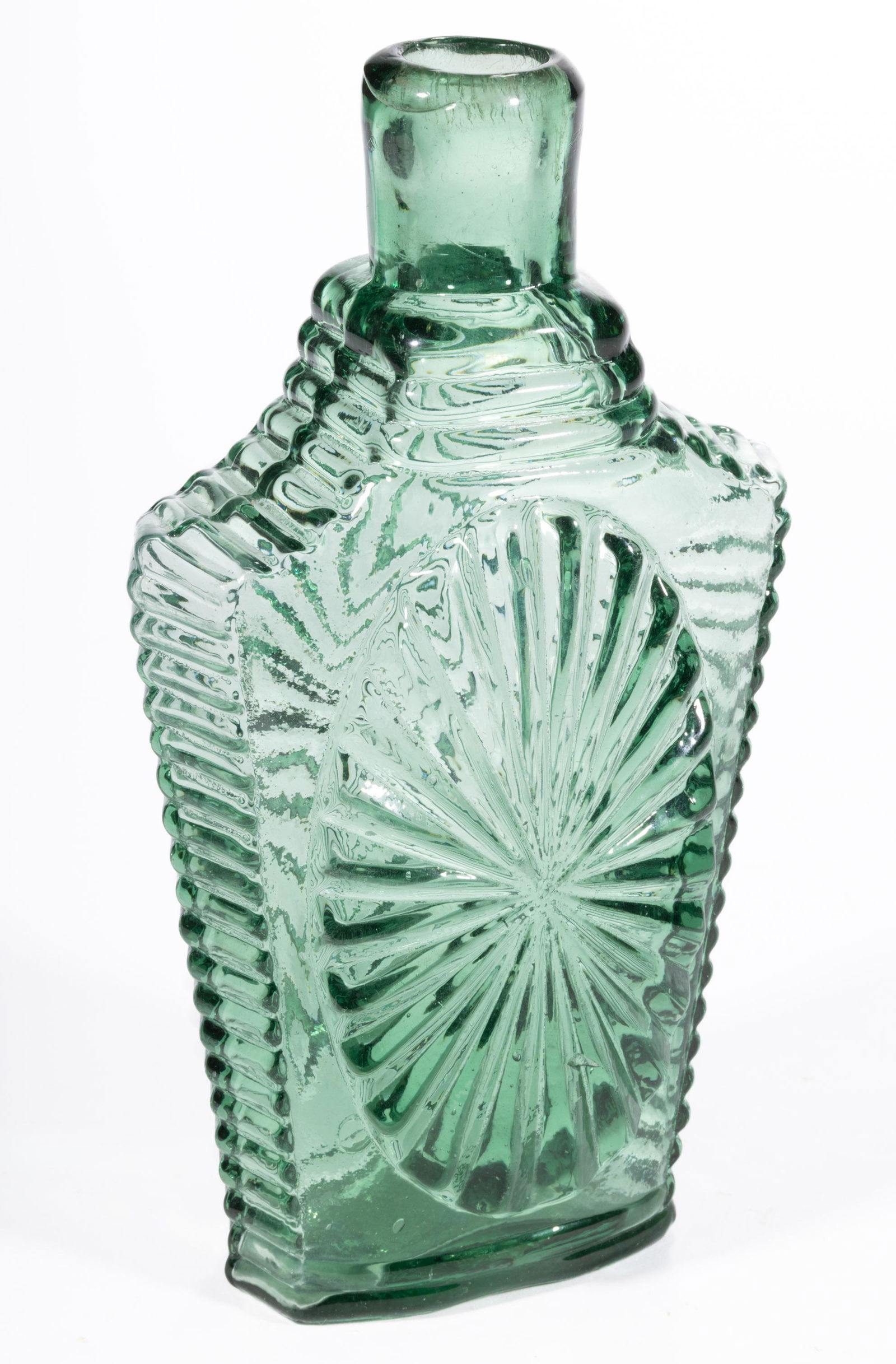 GVIII-2 SUNBURST FLASK,: strong green, pint, heavy impression, plain lip, faint rough pontil mark. Reserve. New England. 1820-1840. 8 1/8" H, 4 1/4" WOA.Literature: McKearin/Wilson - American Bottles & Flasks, p. 609.Provenan