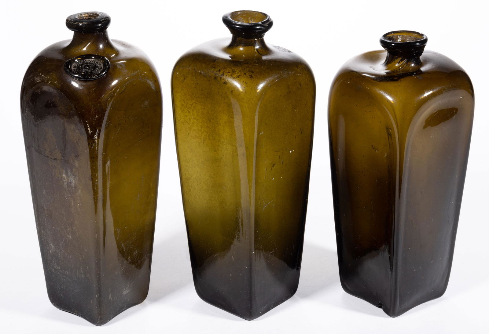 DUTCH / BELGIAN BLACK-GLASS CASE / CASE-GIN BOTTLES, LOT OF THREE, (1 of 4)