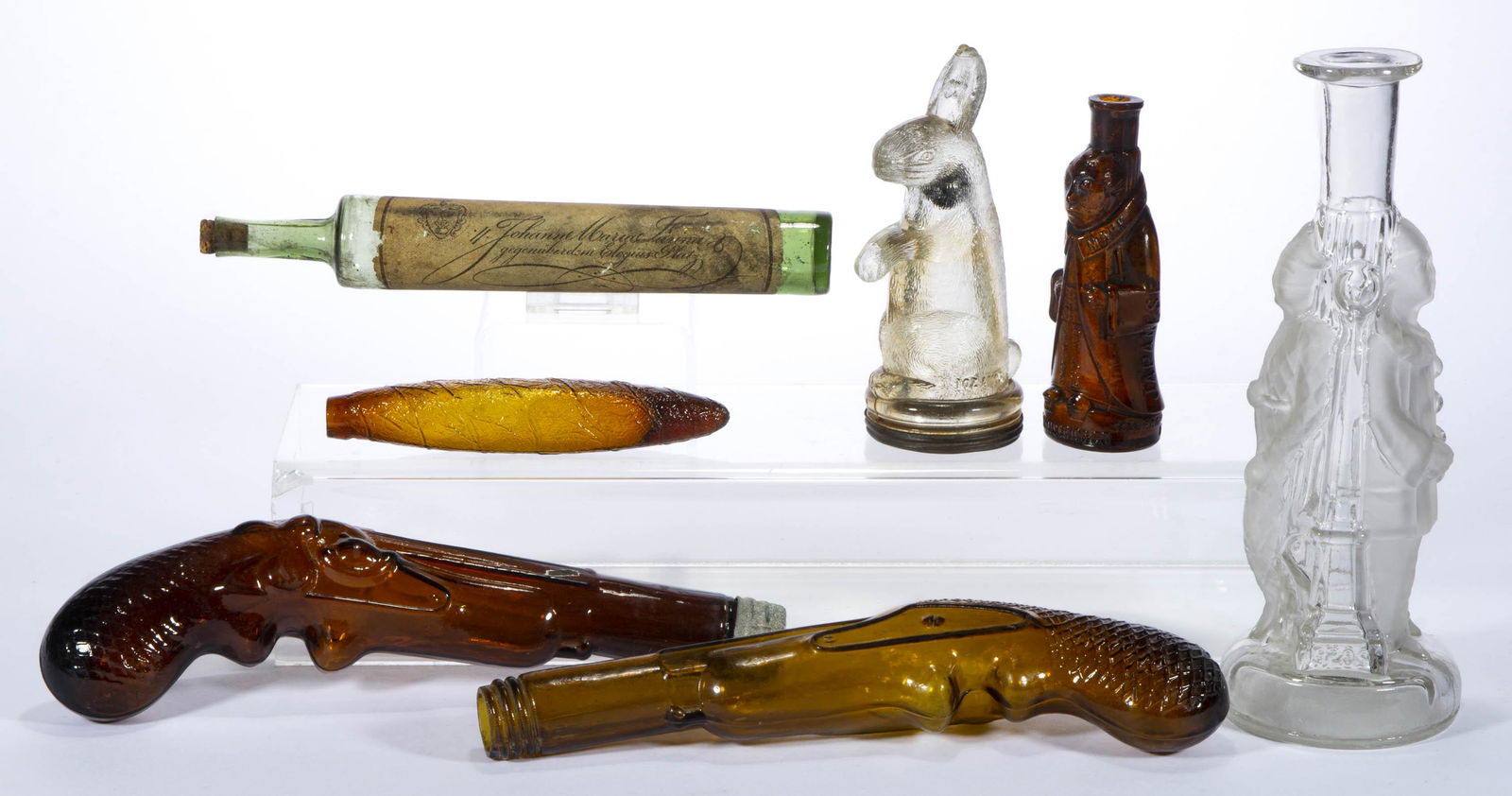 ASSORTED FIGURAL GLASS BOTTLES, LOT OF FIVE, (1 of 1)