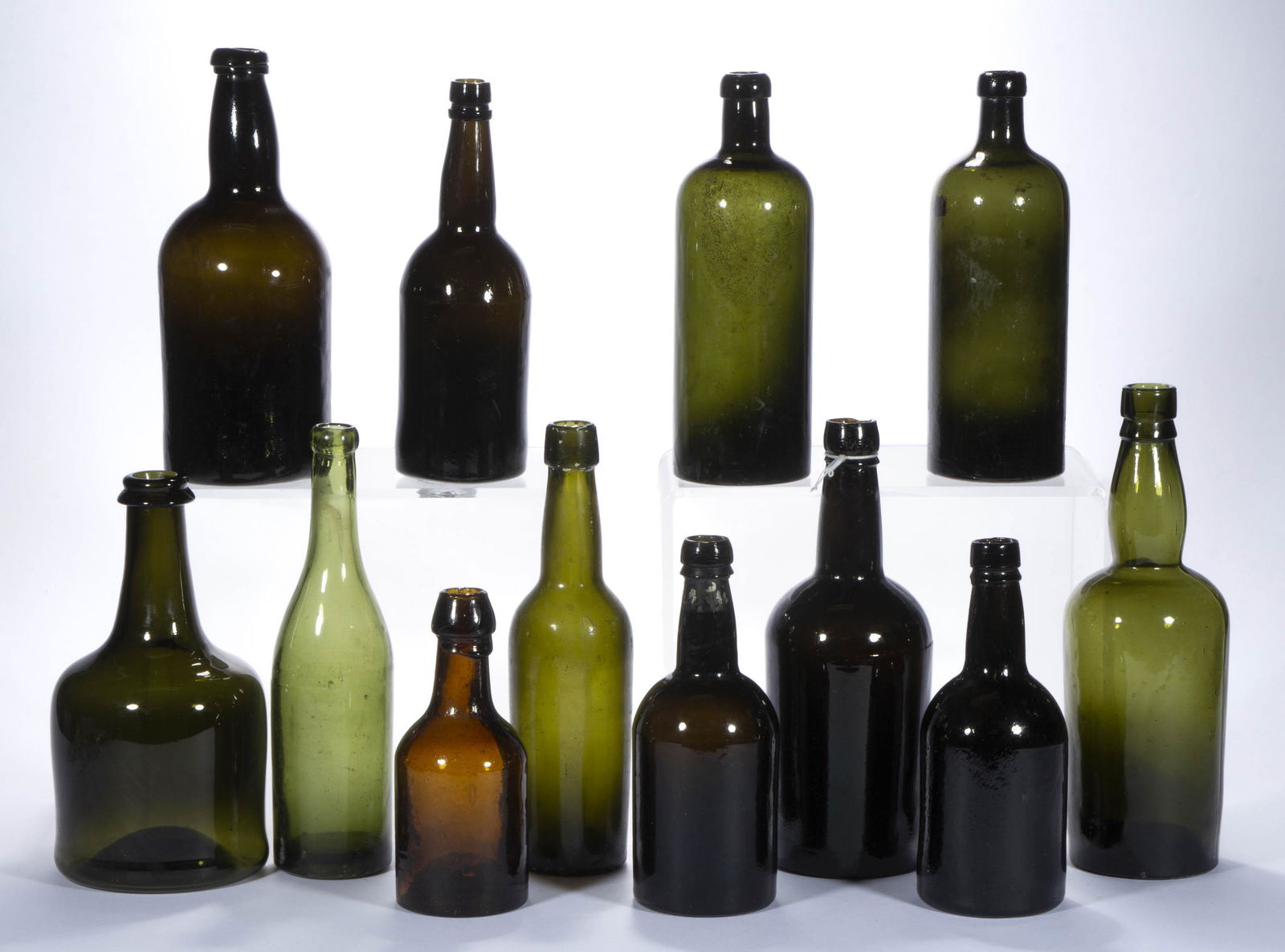 ASSORTED BLOWN GLASS UTILITY BOTTLES, LOT OF 12, (1 of 1)