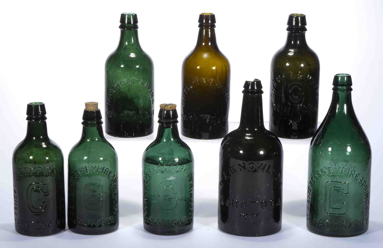 SARATOGA, NEW YORK MINERAL SPRING WATER BOTTLES, LOT OF EIGHT, (1 of 2)