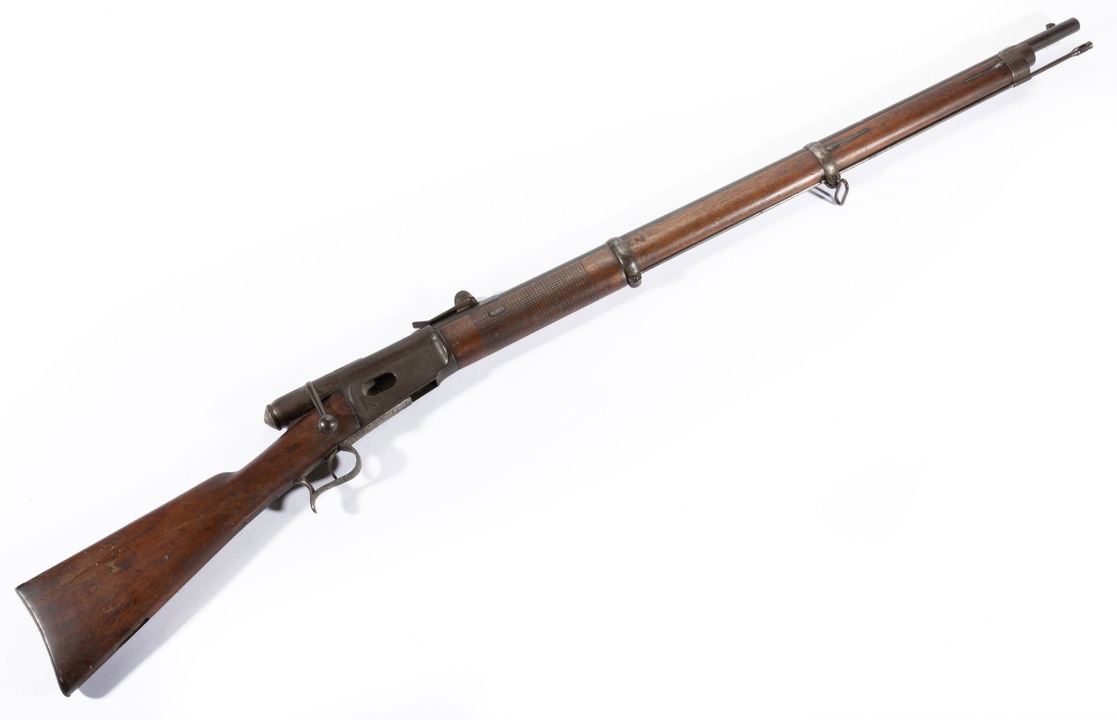 SWISS WAFFENFABRIK BERN MODEL 1871 VETTERLI BOLT ACTION RIFLE,: (updated 8/24/22) receiver is stamped "Waffenfabrik / Bern", other markings, walnut stock, adjustable rear sight, original ramrod. Serial number 120256, stamped two places. Class: Antique. Circa 1881.