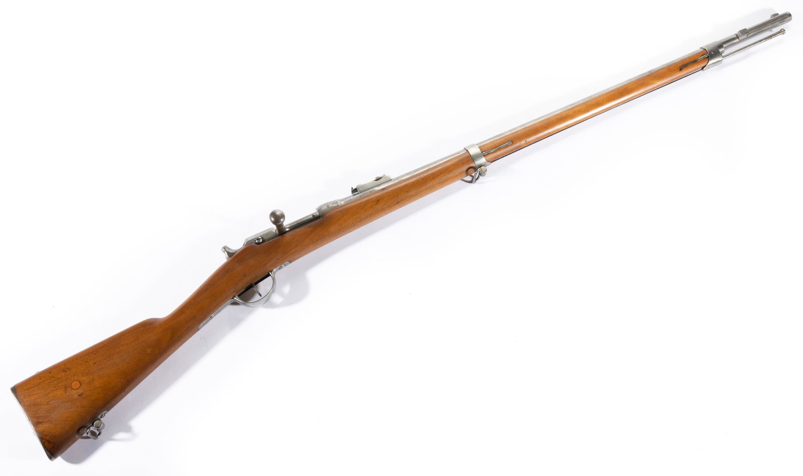 1868 FRENCH CHASSEPOT LYON MLE 1866 RIFLE,: receiver is stamped "Cahen Lyon et Cte MLE 1866" and "Glinsenti a Brescia" in script, barrel stamped "1868", other markings, walnut stock, adjustable rear sight, bayonet lug. Serial number 30861, stam