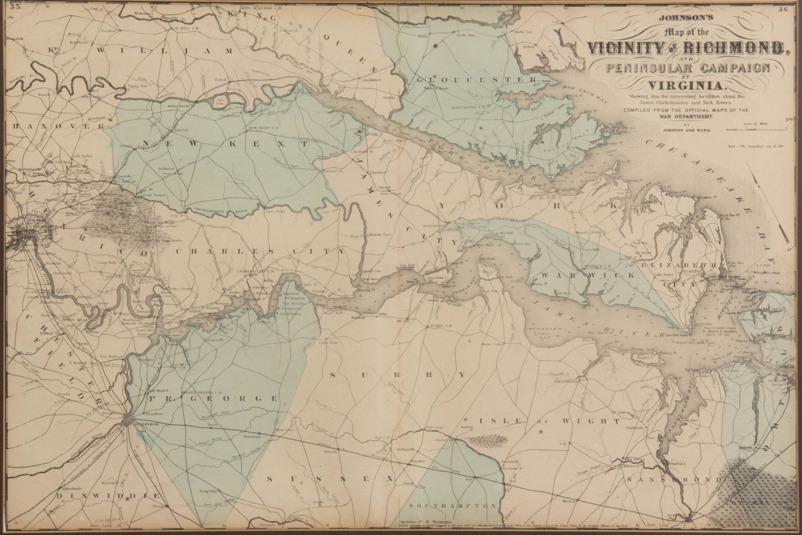 JOHNSON'S "MAP OF THE VINCITY OF RICHMOND, AND PENISULAR CAMPAIGN IN VIRGINIA",: housed under glass in a modern frame. Dated 1862. 26 1/4" x 35 1/4" OA. Provenance: From the Joseph McSpadden collection.