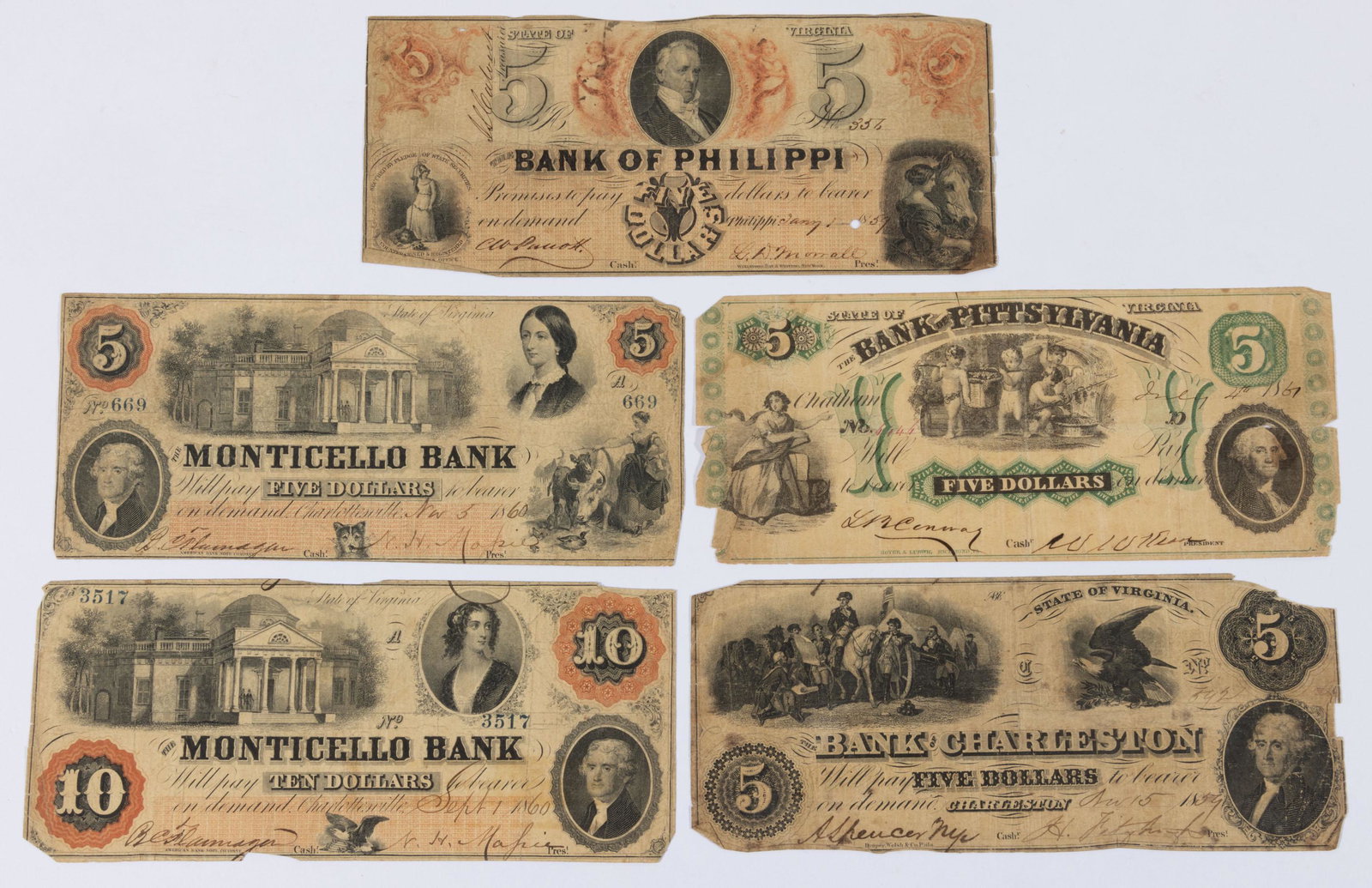 ASSORTED VIRGINIA OBSOLETE / CIVIL WAR CURRENCY / NOTES, LOT OF FIVE,: comprising 1860 Monticello Bank, Charlottesville $5 and $10; 1861 Bank of Pittsylvania $5; 1859 Bank of Philippi $5; and 1859 Bank of Charleston $5. 1859-1861. Provenance: From the Collin Smither coll