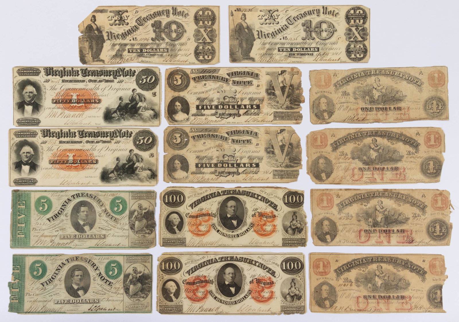 VIRGINIA TREASURY CIVIL WAR OBSOLETE CURRENCY / NOTES, LOT OF 14,: comprising Oct. 15, 1861 two $5 and two $10; March 13, 1862 two $5; May 15, 1862 four $1; Oct. 1, 1862 two $50 and two $100. 1861-1862. Provenance: From the Collin Smither collection, Staunton, VA.
