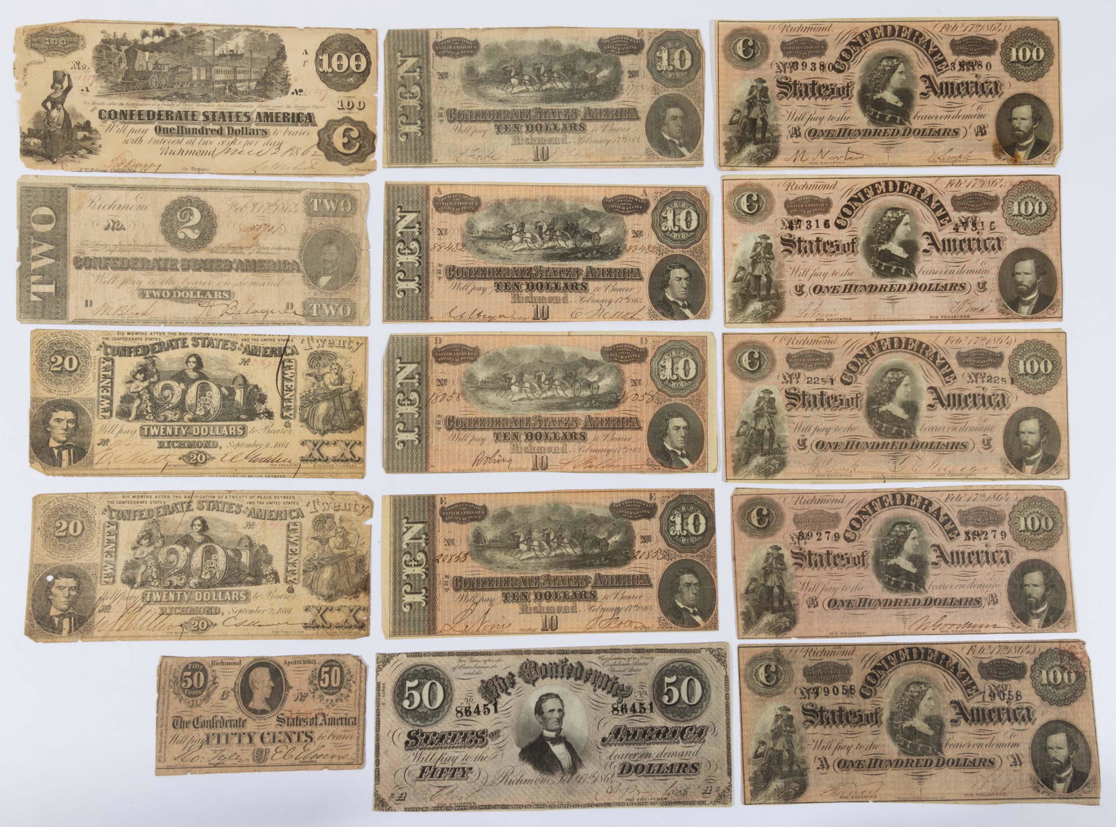CONFEDERATE STATES CIVIL WAR OBSOLETE CURRENCY / NOTES, LOT OF 14,: comprising Sept. 2, 1861 two $20; June 28, 1862 $100; April 3, 1863 50-cent; Feb. 17, 1864 $2, four $10, $50, and five $100. 1861-1864. Provenance: From the Collin Smither collection, Staunton, VA.