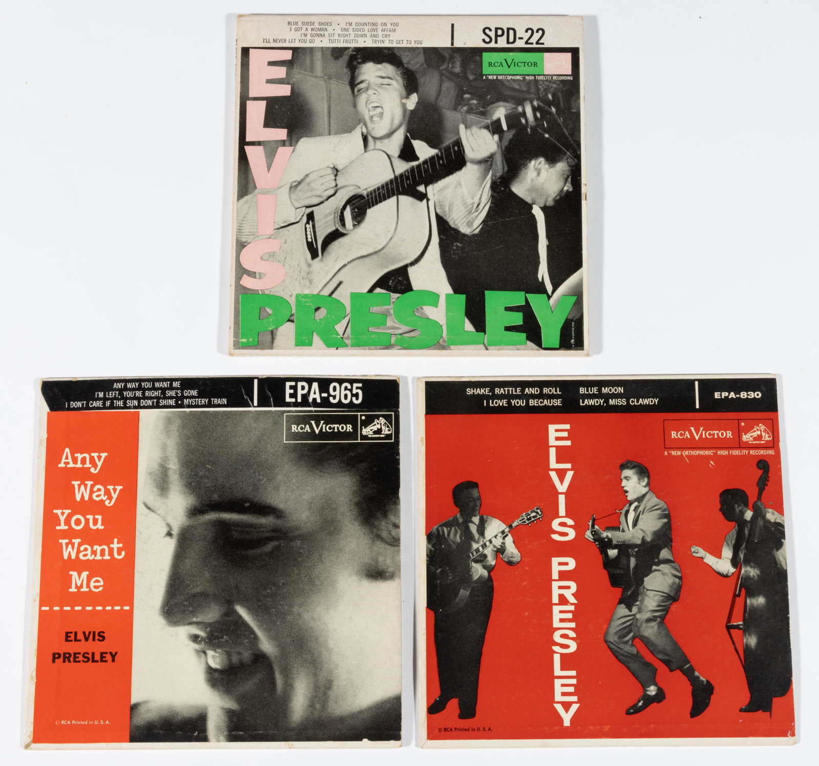 ELVIS PRESLEY 45 RECORDS, LOT OF THREE,: each with RCA labels. 20th century. Provenance: From the Dean and Leann Lindsey collection, Phoenix, AZ.