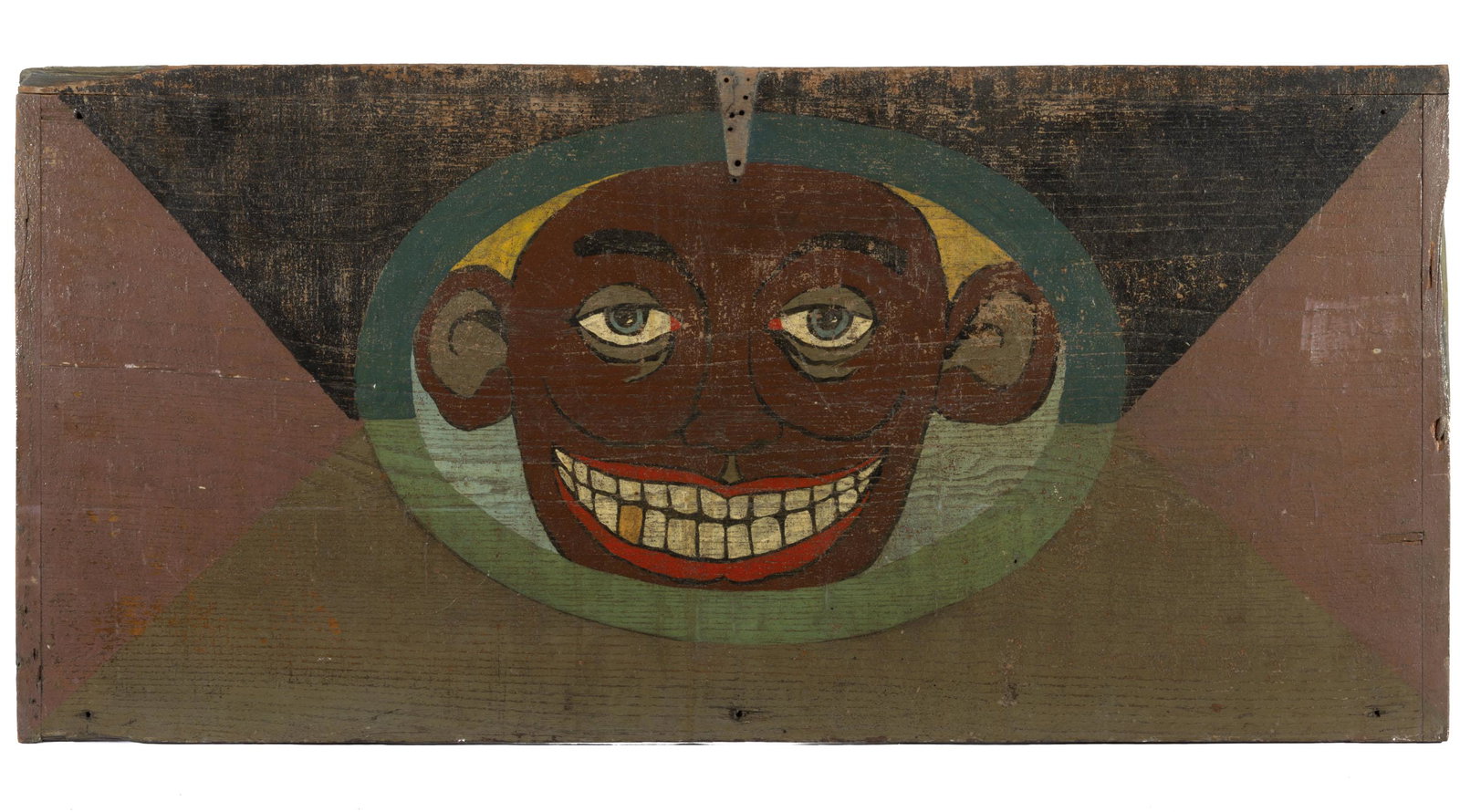 FOLK ART BLACK AMERICANA PAINT-DECORATED PANEL,: later polychrome painted yellow pine tool box lid, depicting a figure with a gold tooth. Probably Virginia. First half 20th century. 17 1/4" x 36 1/2". Provenance: Discovered in Strasburg, Virginia.