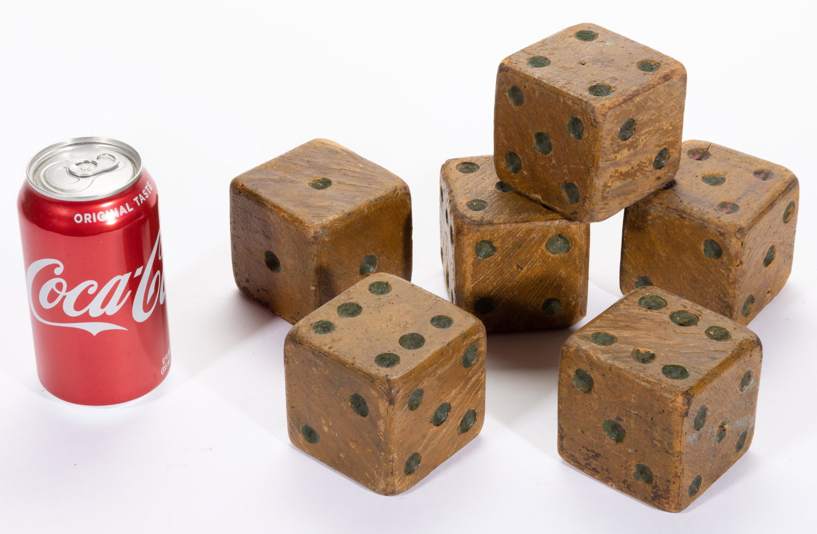 AMERICAN FOLK ART CARVED AND PAINTED DICE, SET OF SIX,: retains original polychrome painted surface. Possibly used in a minstrel show. First half 20th century. 2 3/4" H. Provenance: Provenance: Property of a Virginia private collector.