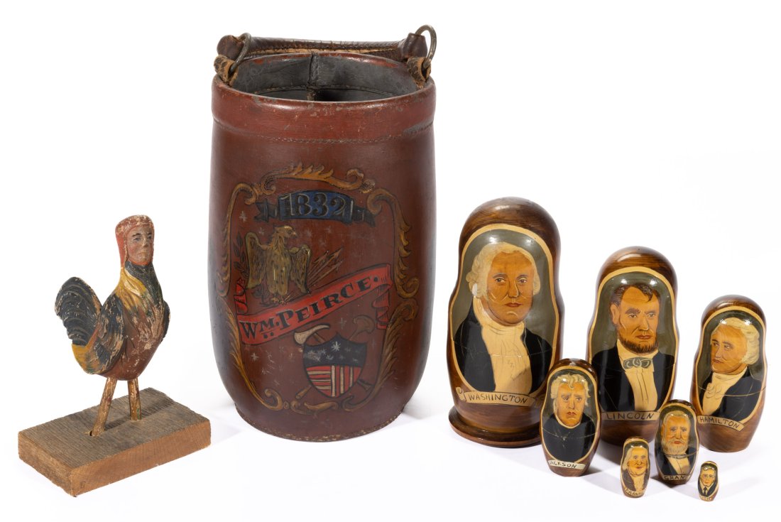 ASSORTED FOLK ART ARTICLES, LOT OF THREE,: comprising a carved wooden polychrome painted likeness of a rooster with a man's face on a later base, Russian nesting dolls with painted depictions of Presidents and signed on the underside "MOCKBA",