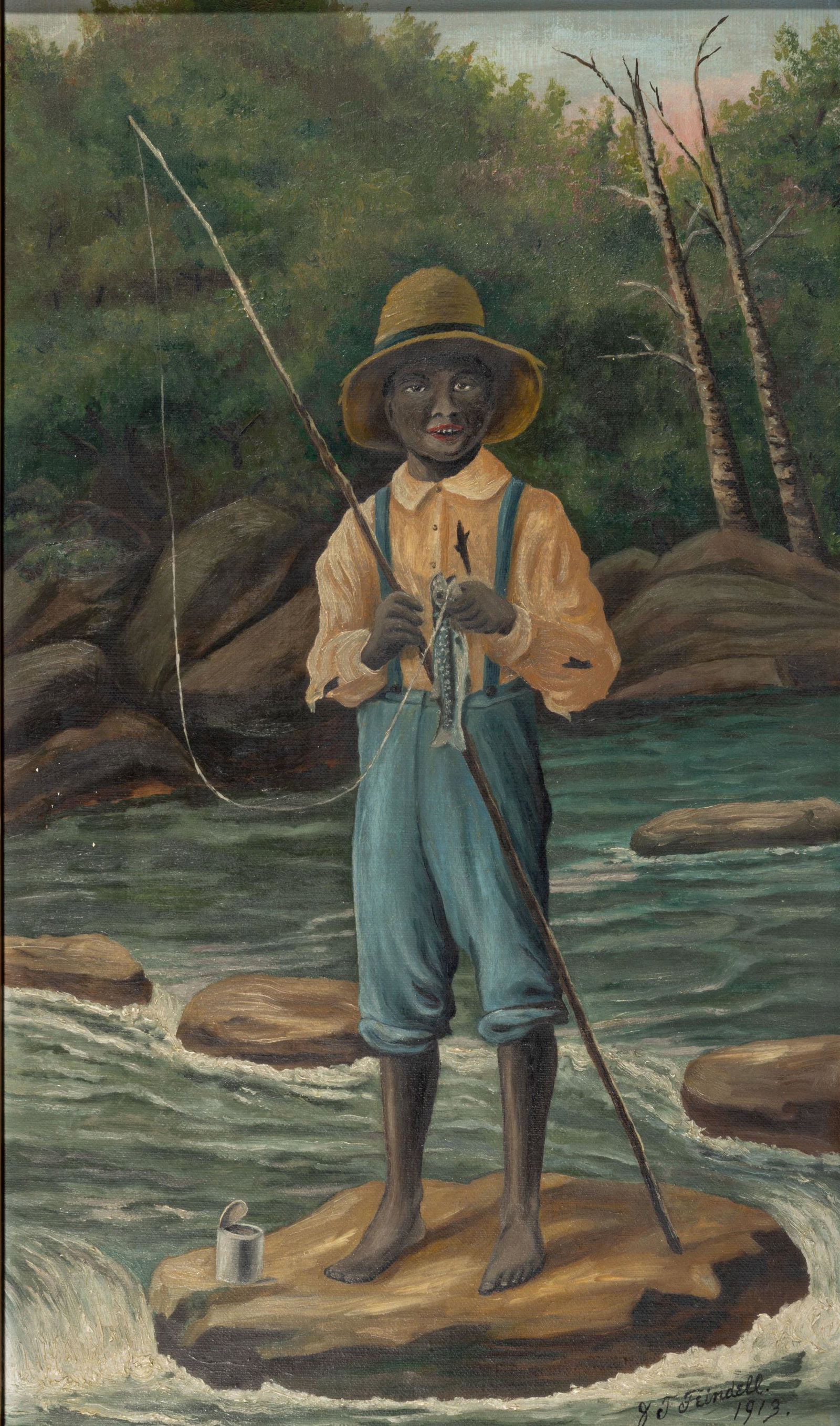 AMERICAN SCHOOL (20TH CENTURY) BLACK AMERICANA GENRE SCENE,: depicting a figure fishing with bamboo rod and trout in hand, signed and dated lower right "GJ Feindell / 1913". Housed in an old gilt molded frame. Dated 1913. 24 3/4" x 16 3/4" OA.