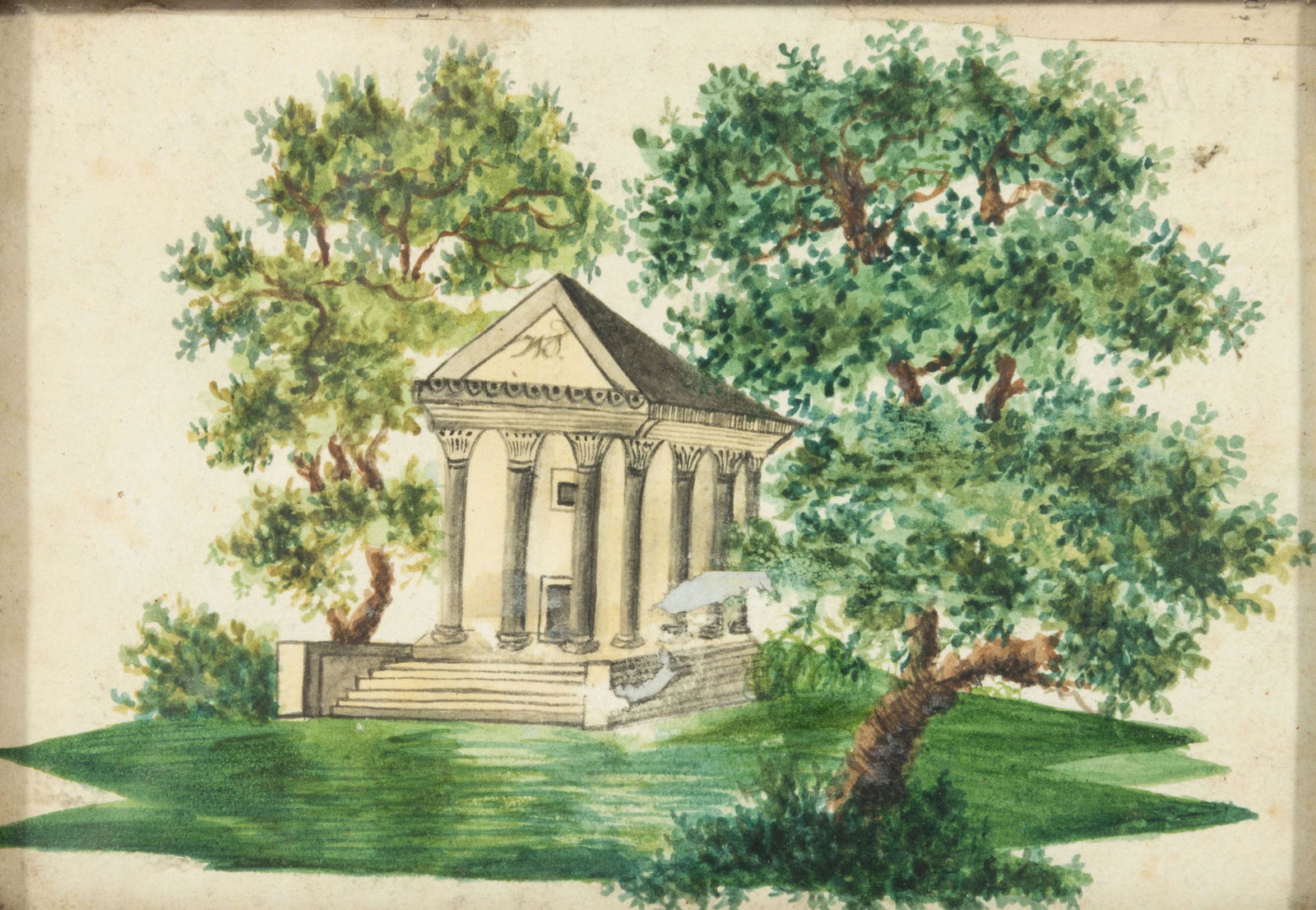 AMERICAN / BRITISH SCHOOL (19TH CENTURY) FOLK ART MINIATURE LANDSCAPE PAINTING,: watercolor on paper, possibly by a schoolgirl, depicting a view of a Classical-style building, possibly a mausoleum, with Corinthian columns, stairs, and "WT?" initials to the front, surrounded by tre