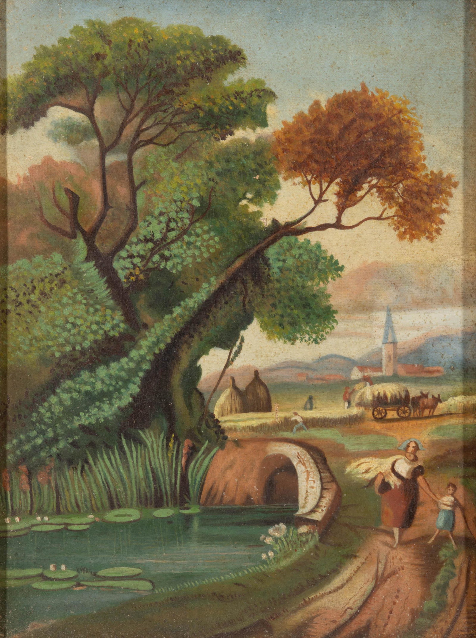 AMERICAN SCHOOL (19TH CENTURY) FOLK ART LANDSCAPE PAINTING,: depicting a European-style landscape, no signature located, retains "DRAUGHTSMAN'S DEPOT" Baltimore canvas stamp on reverse. Housed in a modern frame. Mid 19th century. 11 1/2" x 8 1/2" sight, 15" x 1