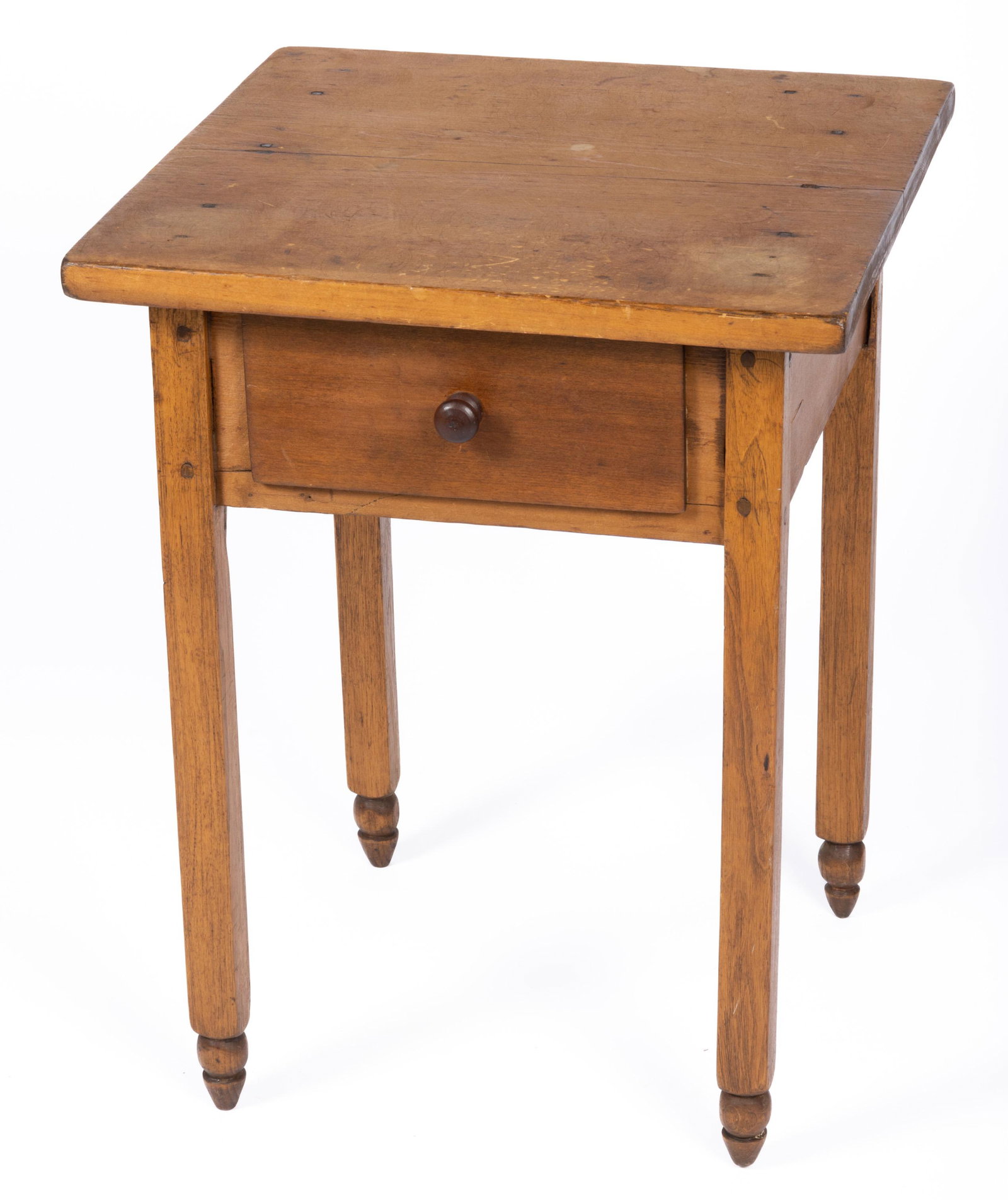 RANDOLPH CO., VIRGINIA (NOW WEST VIRGINIA) MIXED WOOD STAND TABLE,: rectangular top over single drawer with later wooden knob, raised on square legs terminating in ball feet. Retains an old surface with warm color. First half 19th century. 25 1/4" H, 19 1/4" x 19". Pr