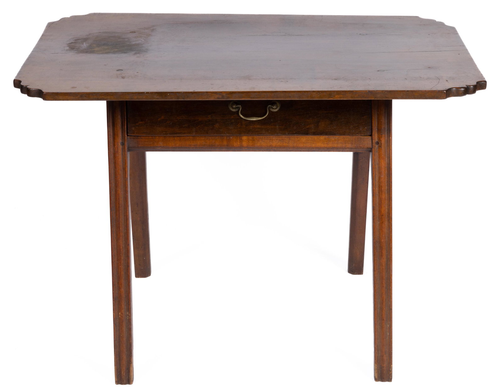 AMERICAN CHIPPENDALE WALNUT STAND TABLE,: rectangular top with turret corners, plain apron, raised on molded splayed-legs. Retains an old refinished surface with warm colors. Fourth quarter 18th century. 24 1/4" H, 24" x 35 3/4". Provenance: 