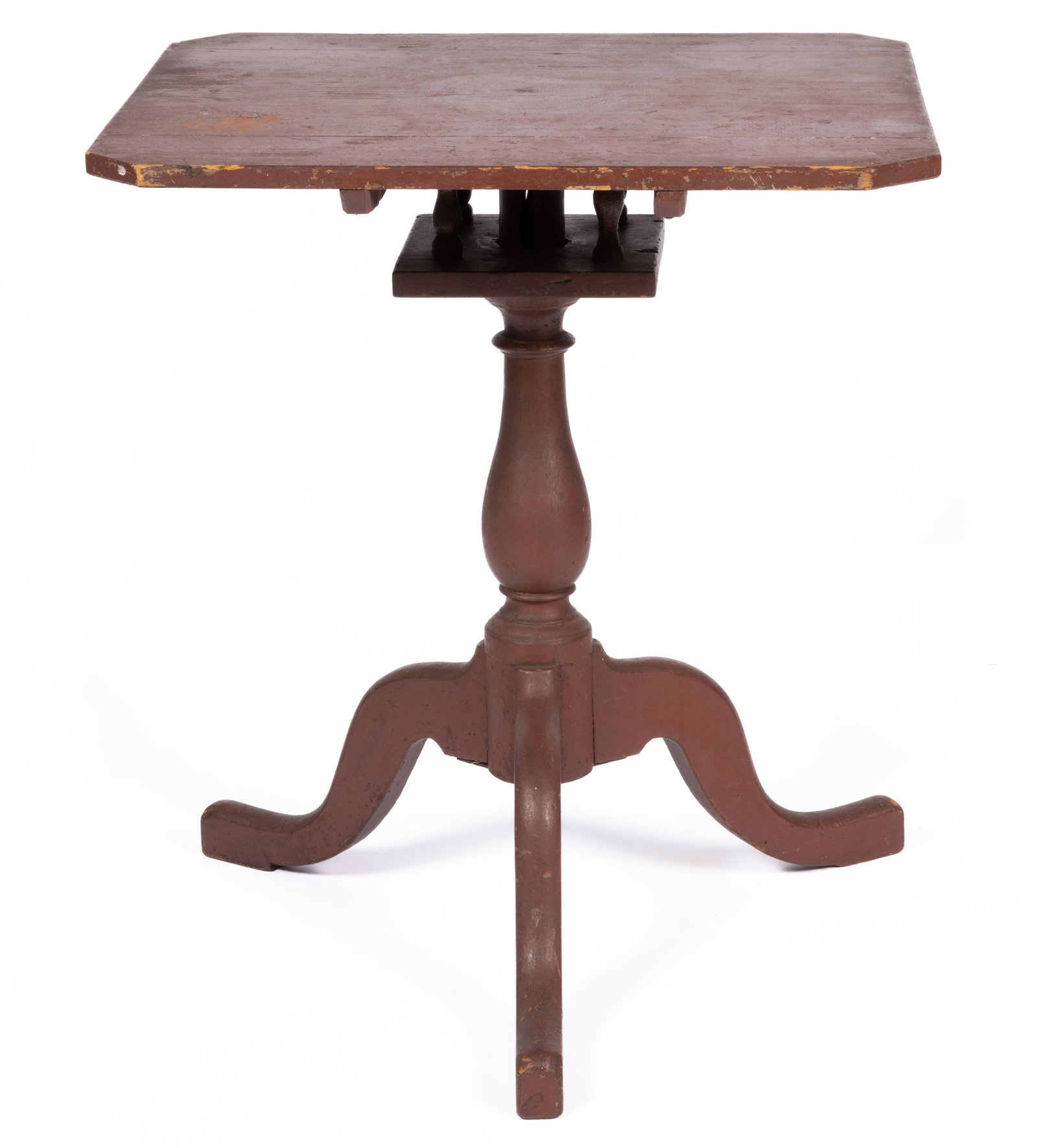AMERICAN PAINTED TILT-TOP TEA TABLE,: square cut-corner top with battens fixed to underside connected to a box having four baluster-turned supports with later key, above a baluster-turned standard raised on a tripodal base of cabriole leg