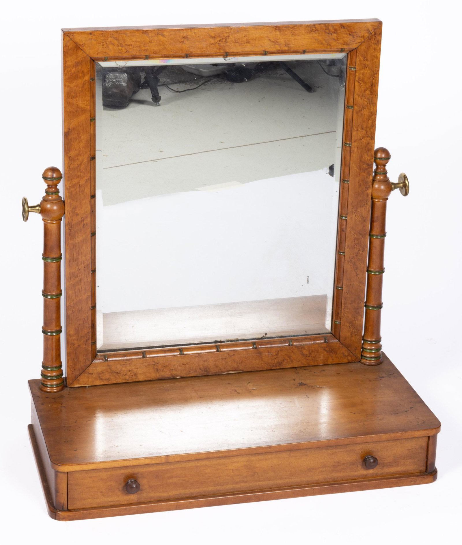 AMERICAN BIRDS EYE MAPLE DRESSING / SHAVING MIRROR,: featuring bamboo-style turning, full-length drawer with likely original pulls, and with likely original beveled glass mirror plate. Oak secondary wood. Retains an old surface with warm color. Fourth q