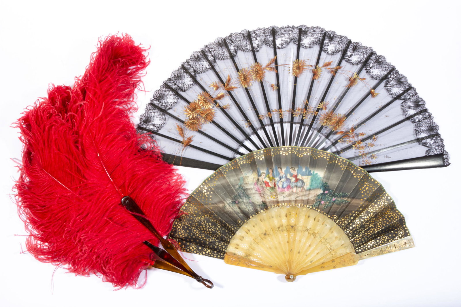ANTIQUE / VINTAGE LADY'S HAND FANS, LOT OF THREE,: comprising one with three dyed red ostrich feathers on celluloid handles, one with black lace fan having painted orange and gilt flower design, and one probably Chinese export example with paper fan h