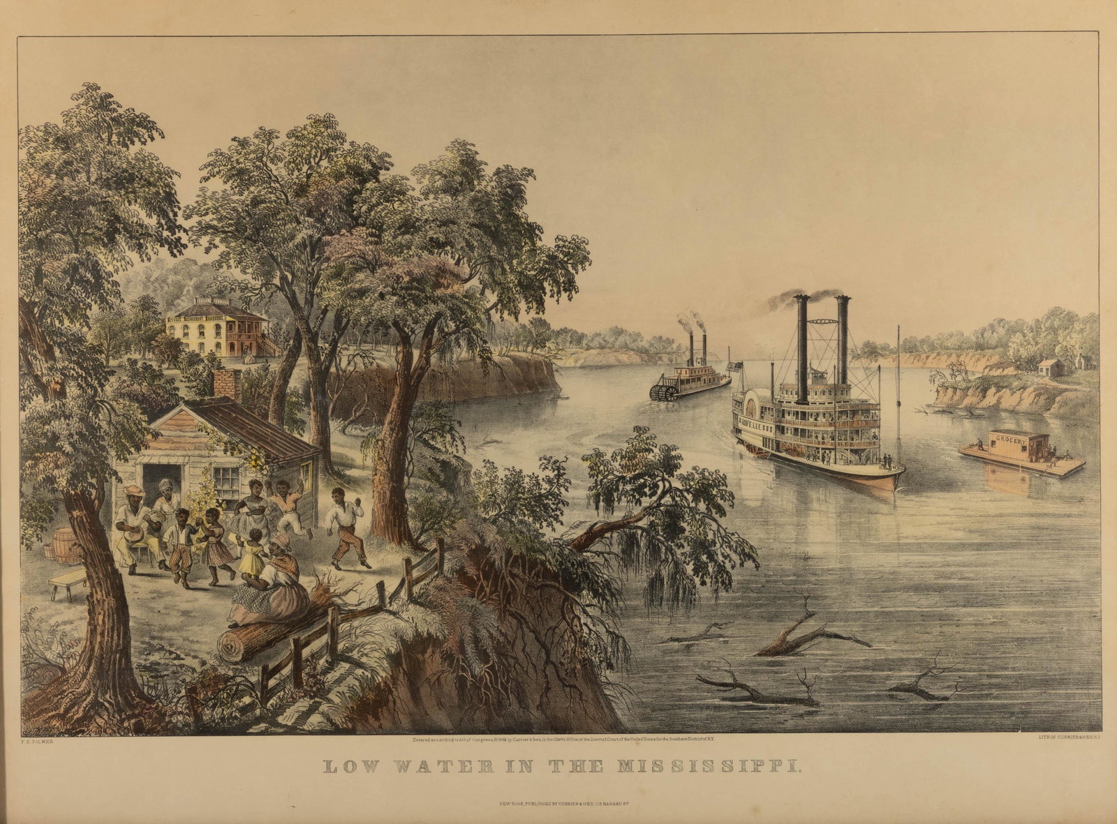 CURRIER & IVES "LOW WATER IN THE MISSISSIPPI" PRINT,: after F.E. Palmer (American / British, 1812-1876). Housed under glass in an old frame. Late 19th/early 20th century. 21 1/2" x 29 1/2" sight, 24 1/2" x 32 1/2" OA.