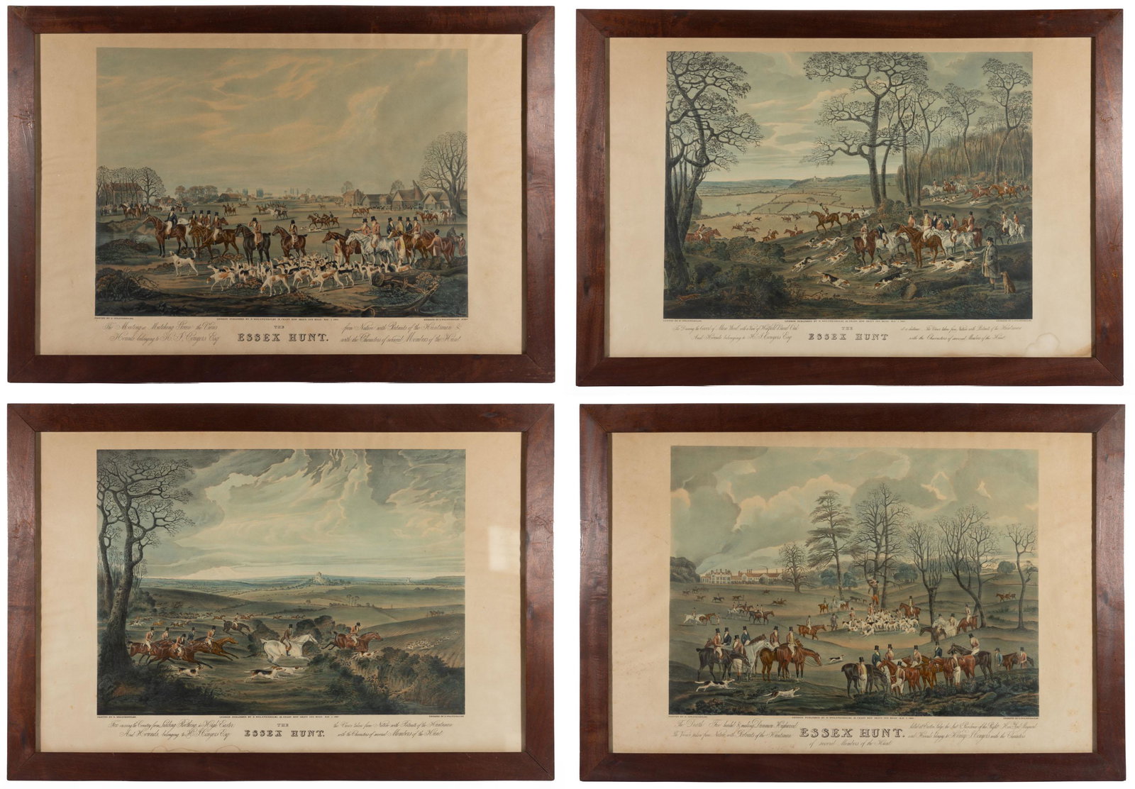 AFTER DEAN WOLSTENHOME (BRITISH, 1757-1837), "THE ESSEX HUNT" PRINTS, LOT OF FOUR,: depicting fox hunting scenes. Housed under glass in modern frames. Late 19th/early 20th century. 22" x 34" sight, 26 1/4" x 38 1/4" OA.