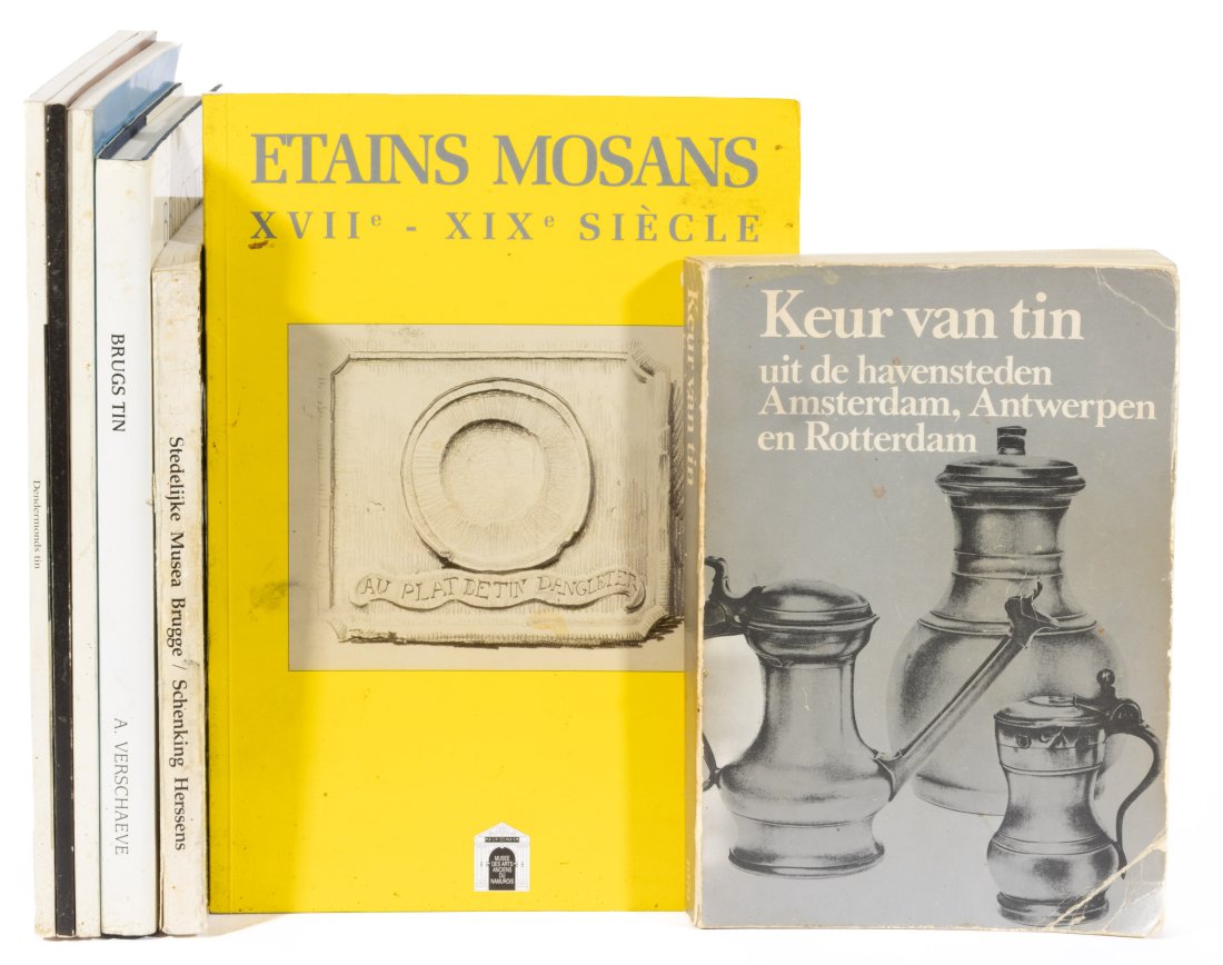 BELGIUM PEWTER REFERENCE VOLUMES, LOT OF SEVEN,: including Dangis, Etains Mosans XVIIe-XIXe Siecle, Societe archeologique de Namur, 1996; Dangis, Glans van Oud Tin, Geel Sint-Dimpna en Gahsthuismuseum, 1994; Stroobants and Dangis, Dendermonds Tin, S