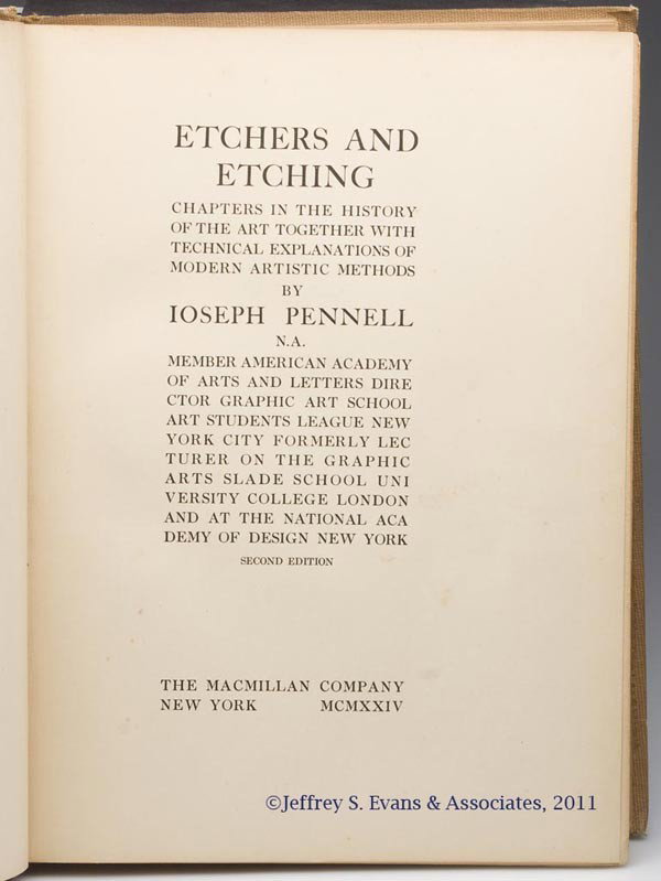 ART VOLUME: ART VOLUME, Pennell, Joseph. ETCHERS AND ETCHING, New York, NY: The Macmillan Company, 1924. Numerous illustrations, including some etchings. Brown buckram cover with bright gilt title. CONDITION NOTE