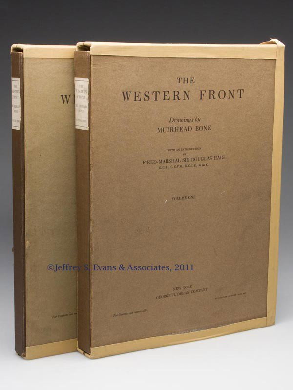 MILITARY - WORLD WAR I - HUMOR VOLUMES, SET OF TWO: MILITARY - WORLD WAR I - HUMOR VOLUMES, SET OF TWO, Bone, Muirhead. THE WESTERN FRONT. New York, NY, 1917, 2 volumes. Each slip case states "published by George H. Doran and Company" while the wrapper