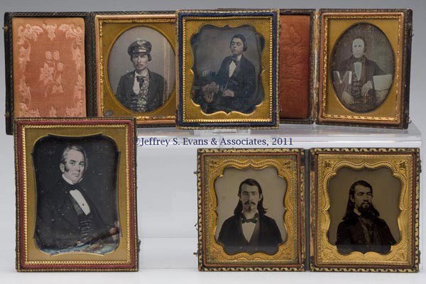 SIX ASSORTED CASED PORTRAITS: SIX ASSORTED CASED PORTRAITS, each tinted, comprising one quarter-plate daguerreotype of a gentleman with a gold-top walking stick, three sixth-plate daguerreotypes with occupational/hobby themes, and