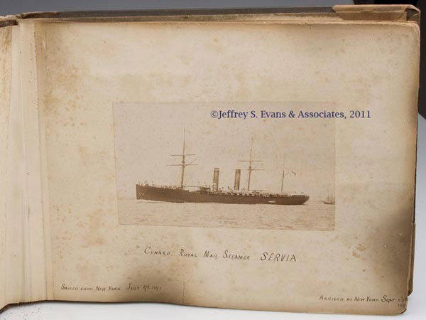 GRAND TOUR PHOTOGRAPH ALBUM: GRAND TOUR PHOTOGRAPH ALBUM, 25 double-side pages mounted with images of Great Britain, France, etc., the first page with an image of the Cunard Royal Mail Steamer "Servia", sailed from New York July