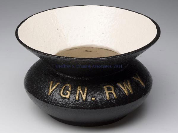 VIRGINIAN RAILWAY CAST-IRON SPITTOON: VIRGINIAN RAILWAY CAST-IRON SPITTOON, lettered "VGN. RWY" in relief on shoulder, later paint. Second half 19th century. 5" H, 8 1/2" D.