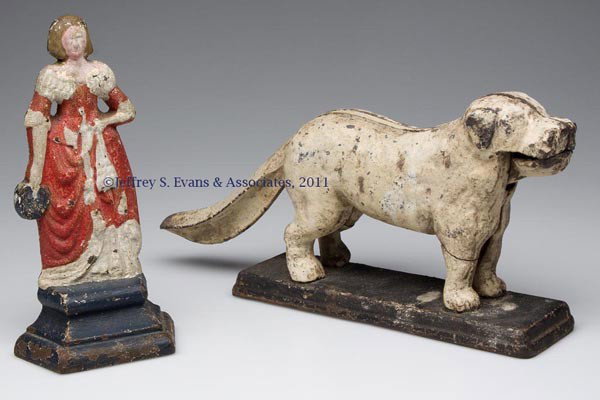 TWO ASSORTED FIGURAL CAST-IRON OBJECTS: TWO ASSORTED FIGURAL CAST-IRON OBJECTS, comprising a Colonial Lady doorstop and a dog nut cracker, each with original paint. First half 20th century. 7 3/4" and 5 1/2" H.